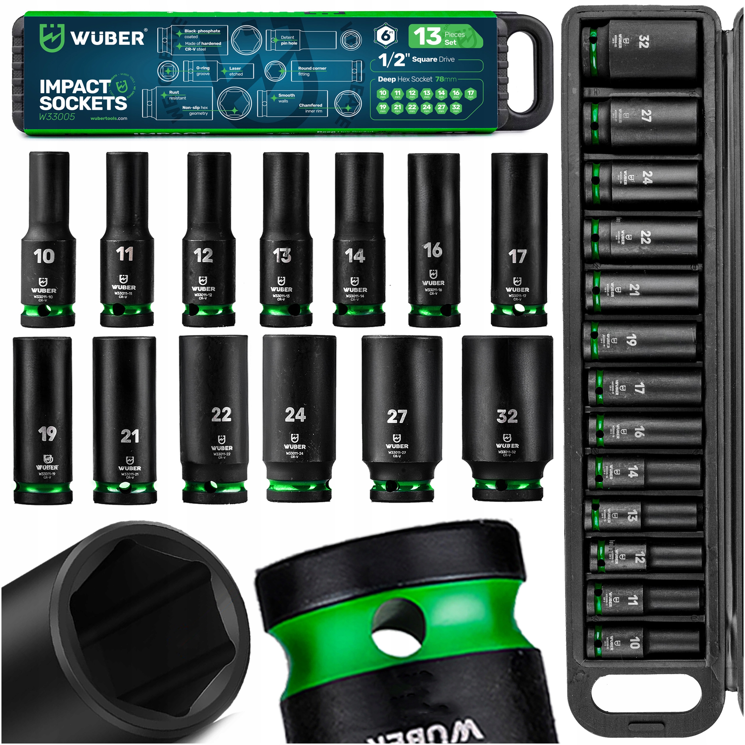 Nasadki Udarowe Zestaw Nasadek 13 Szt. 1/2" 6-KĄTNE Długie Nasadki 10-32MM