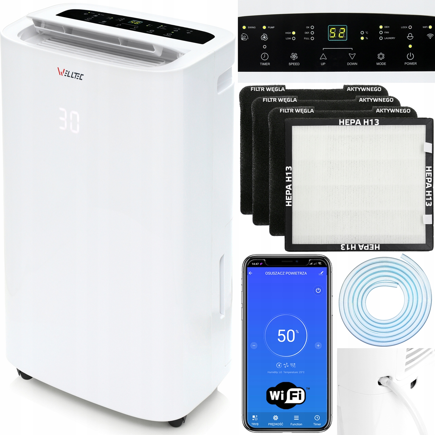 Odvlhčovač Welltec DHN50 3v1 do 100m² 50l/24h WiFi Hepa H13 Čerpadlo