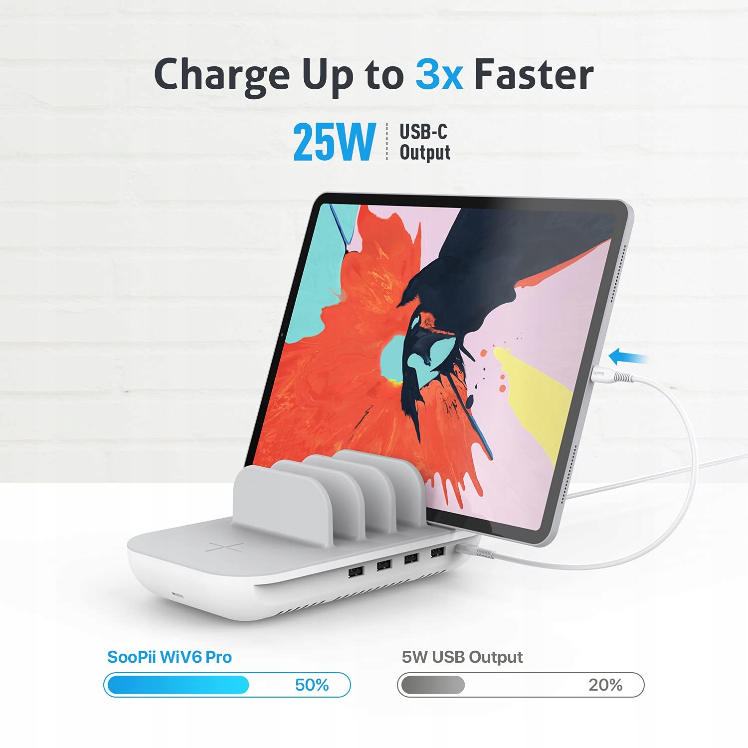 SOOPII Stacja Ładowania 70W 5 Portów Z Ładowarką Bezprzewodową 15W — miniatura 3
