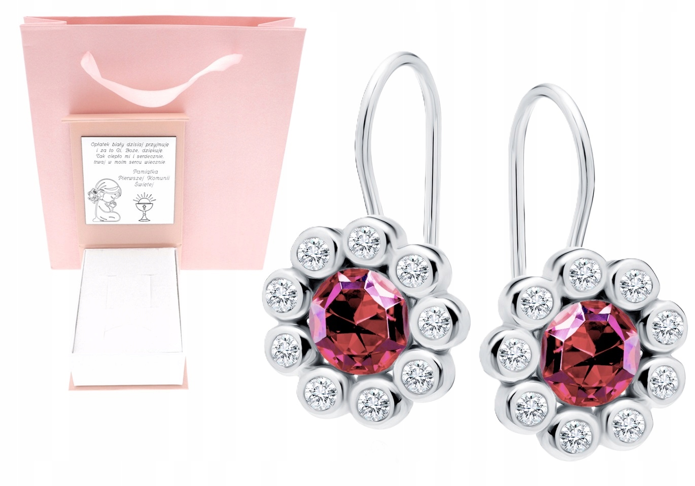 Stříbrné náušnice pro děti růžové zirkon Svaté Přijímání Křest Roček Gravírování
