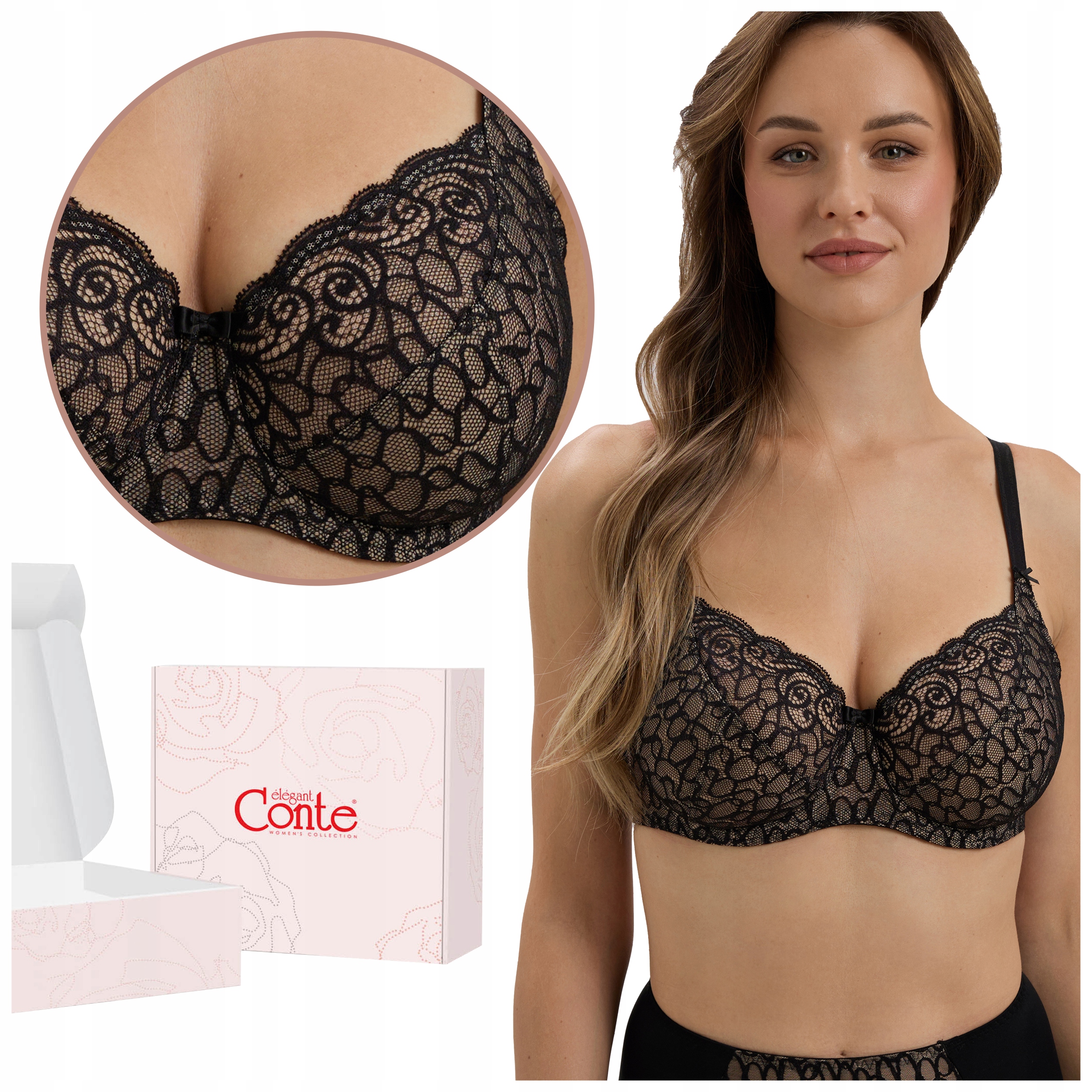 Biustonosz miękki z fiszbinami koronkowy Stanik Conte RB6068 czarny 75E