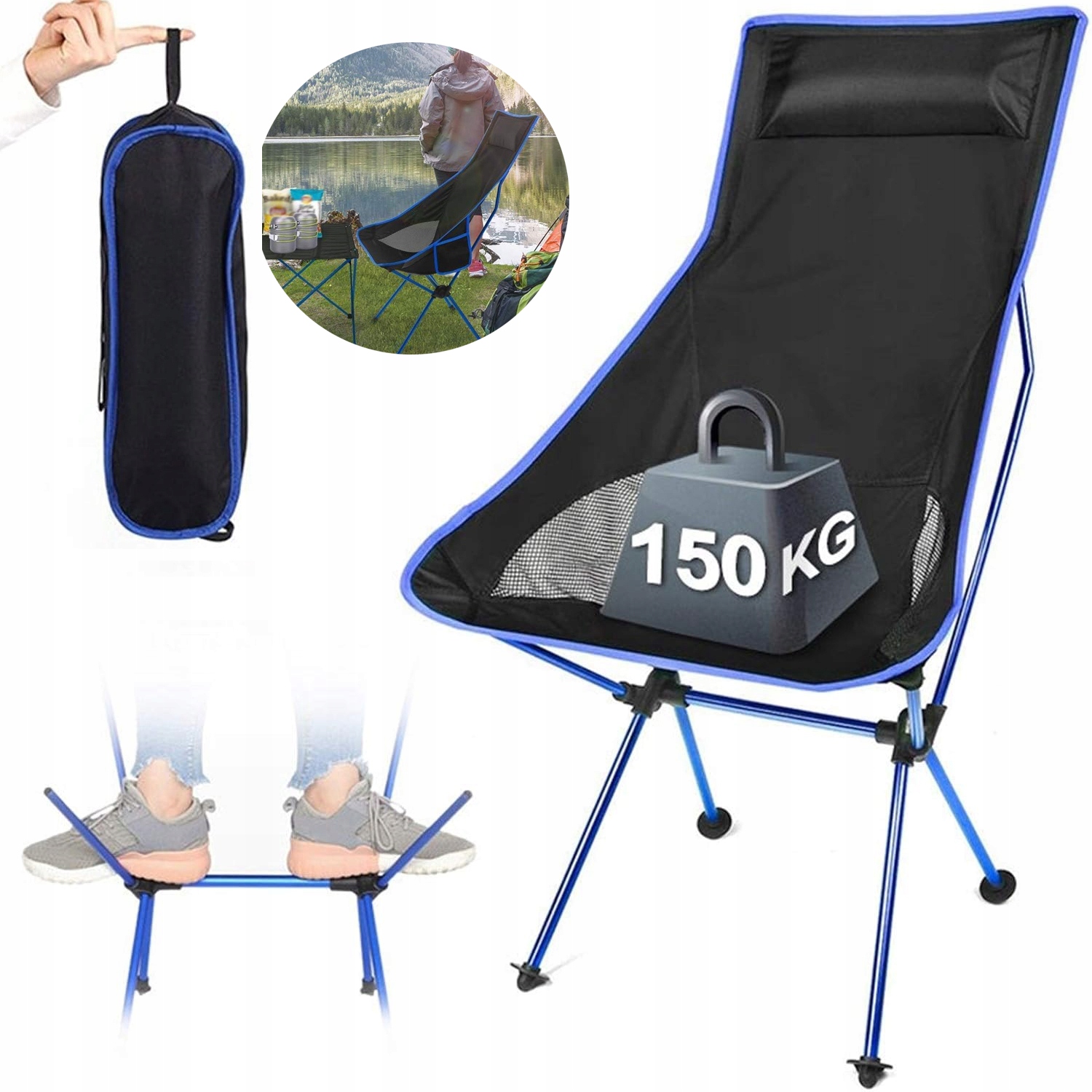 Přenosné kempingové křeslo na ryby s opěradlem a skládací taškou 150 kg