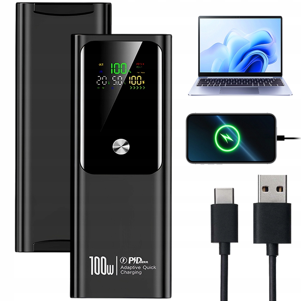 Výkonná Rychlá Powerbanka 20000MAH 100W Pd Usb-c A Usb-a, Přenosná Cestovní