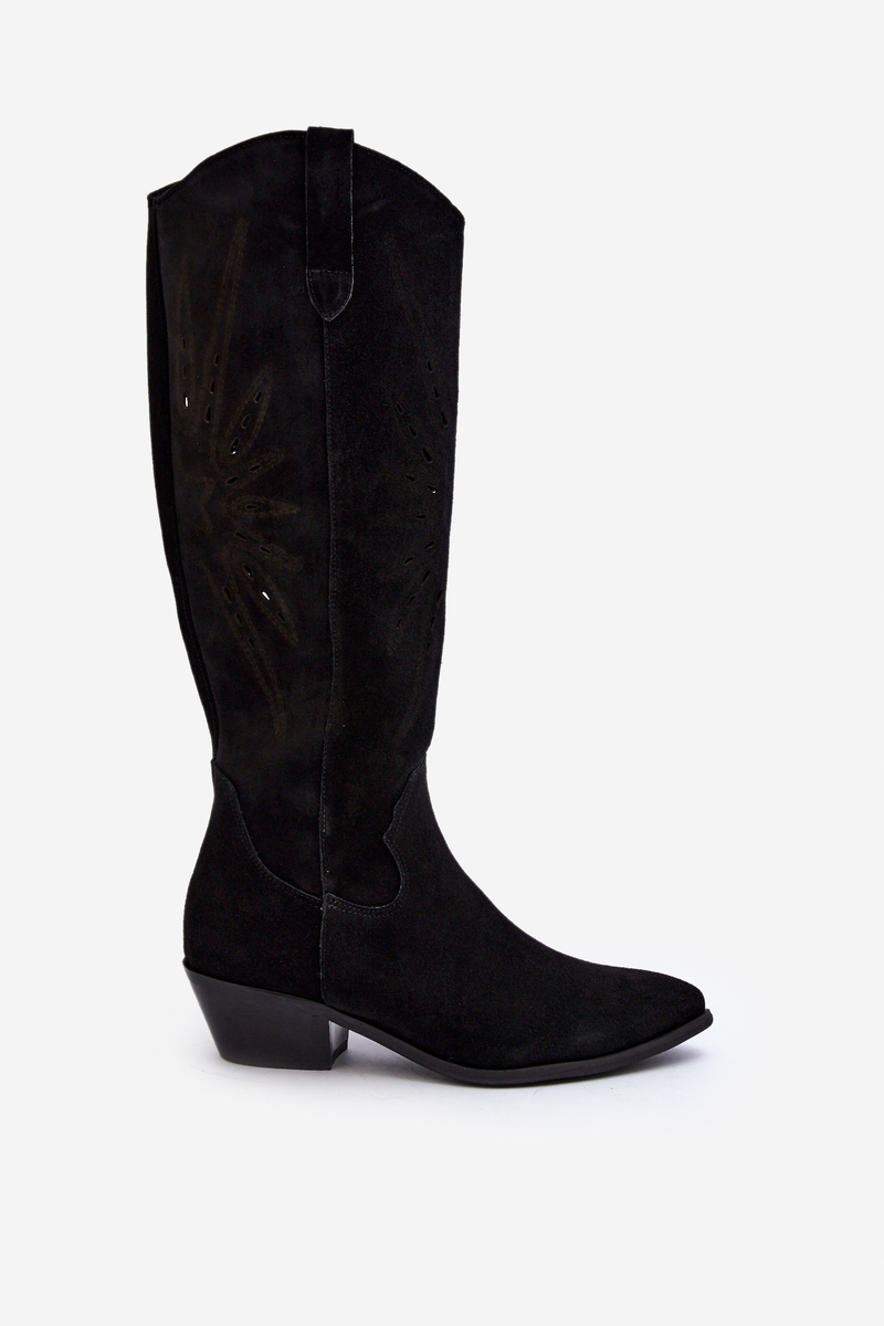 KOZAKI ZAMSZOWE AŻUROWE NA NISKIM OBCASIE ZAZOO 2909 CZARNE 37 Marka inna