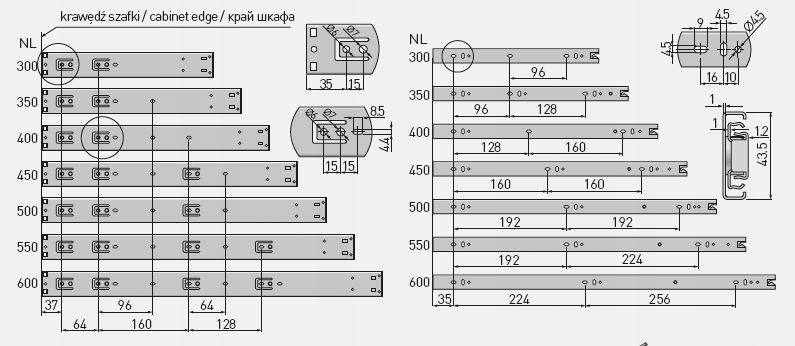 Prowadnica kulkowa GTV L-450mm push to open Rodzaj kulkowa