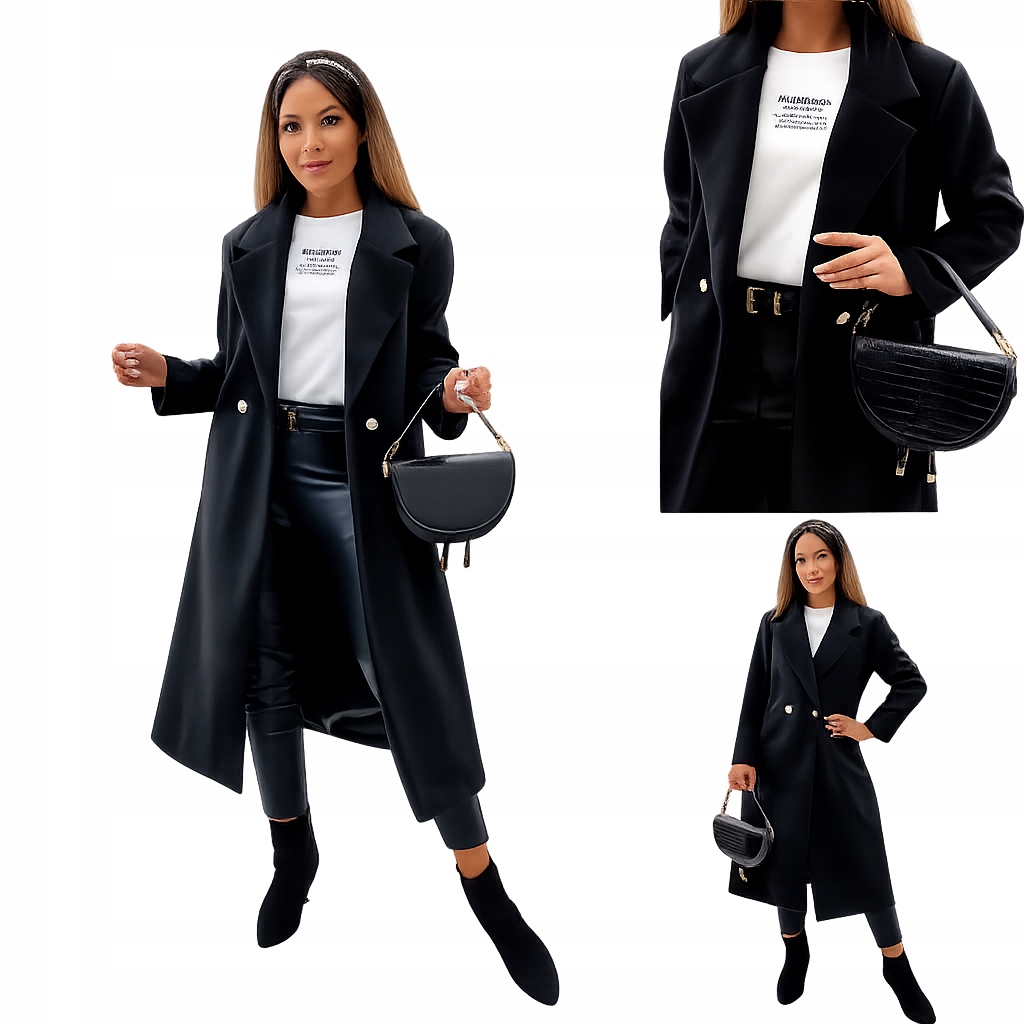 0008 Dlouhý elegantní vlněný kabát, klasický, dvouřadý, Premium Černý