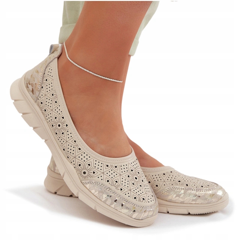 Dámské Ažurové Baleríny Ze Vzorované Sportovní Kůže Lehké Pohodlné Béžové 36