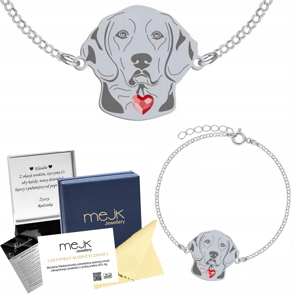 Stříbrný náramek se psem Ogar Polský 925 Řetízek Dárek Gravírování