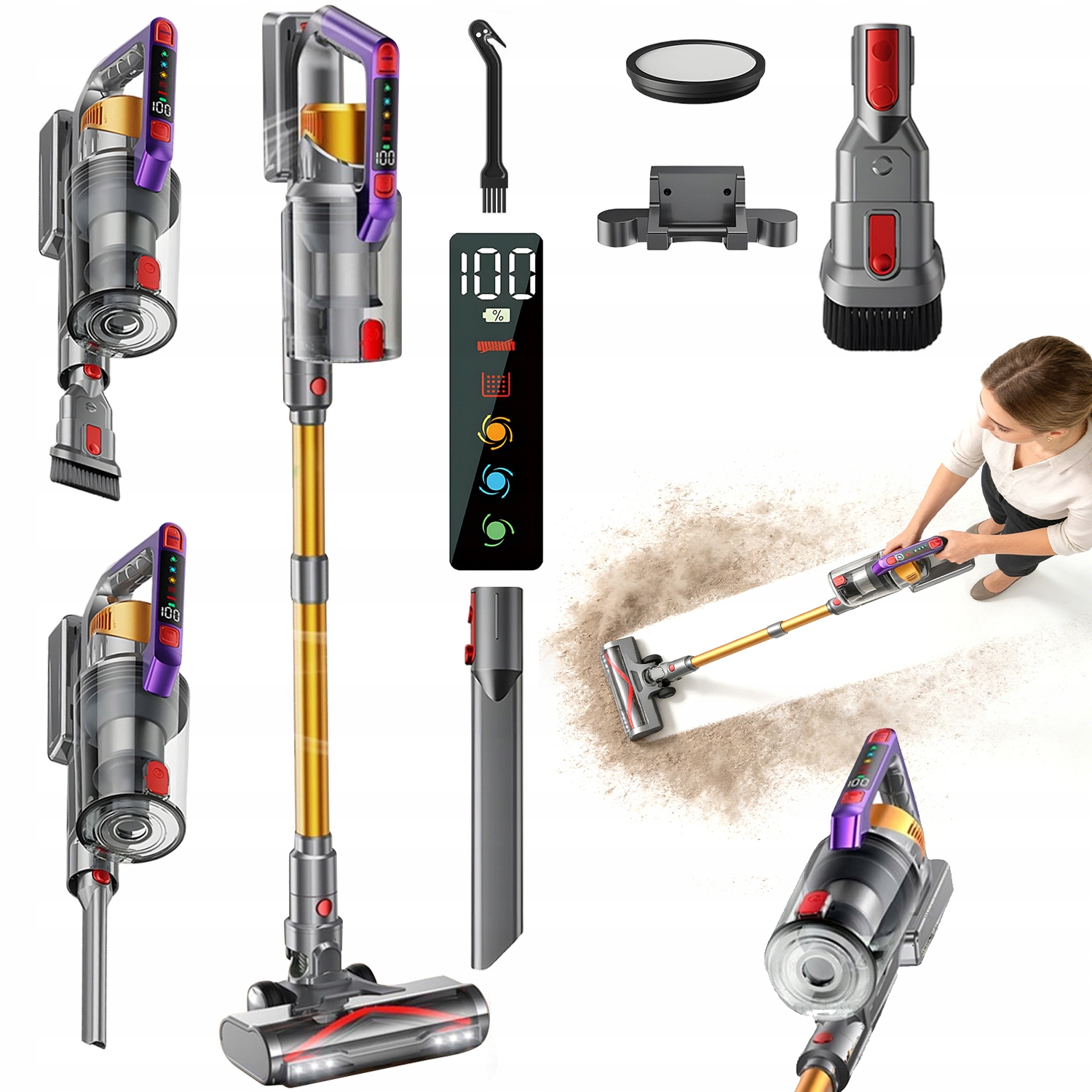 Mocny Odkurzacz Pionowy Led Bezprzewodowy Wysokowydajna Filtracja 550W