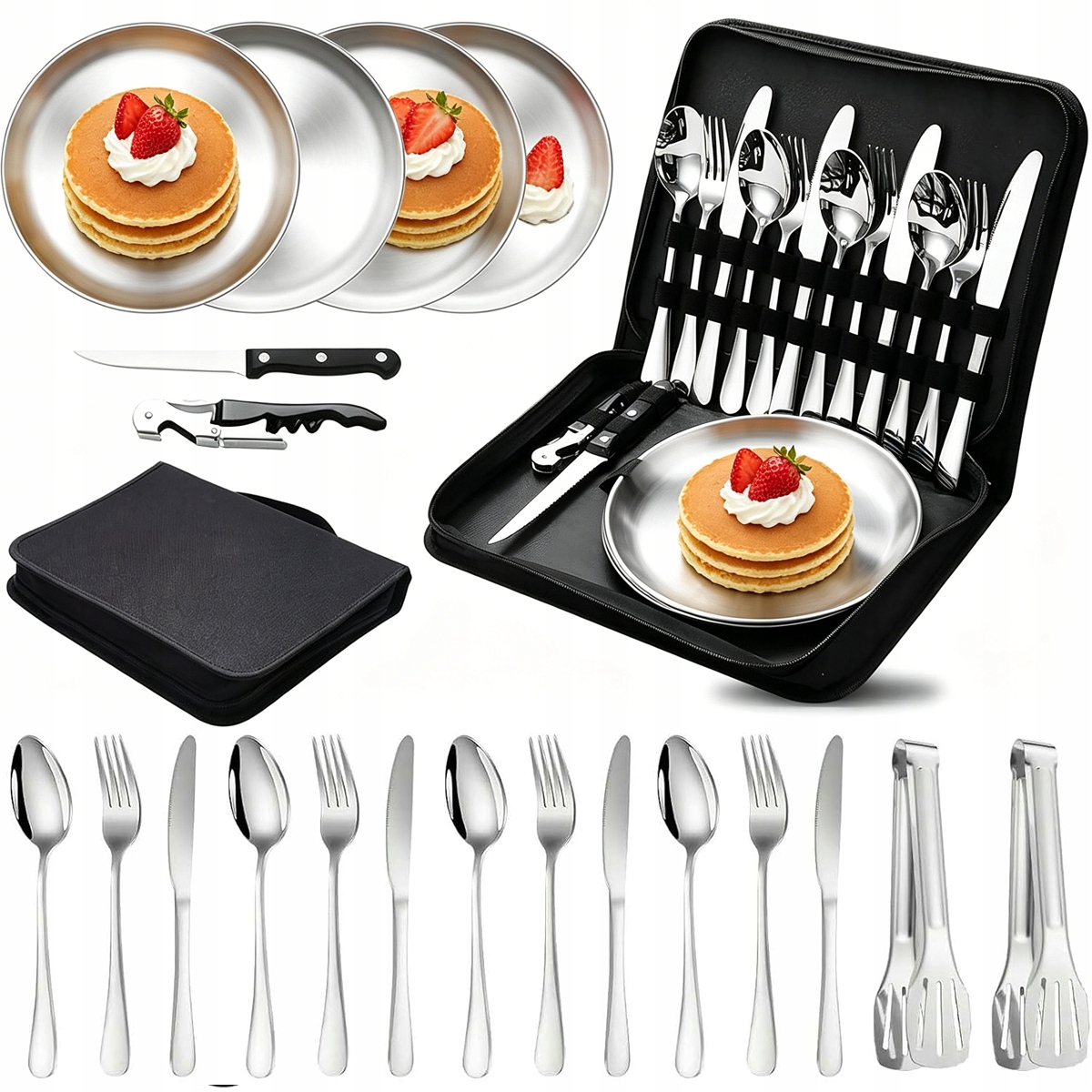 Zestaw piknikowy turystyczny biwakowy sztućce talerze metal 4 os etui