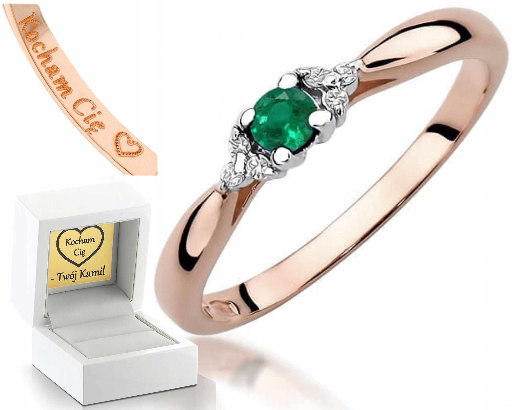 Růžové Zlato Prstýnek S Brilianty A Přírodním Kamenem Smaragd