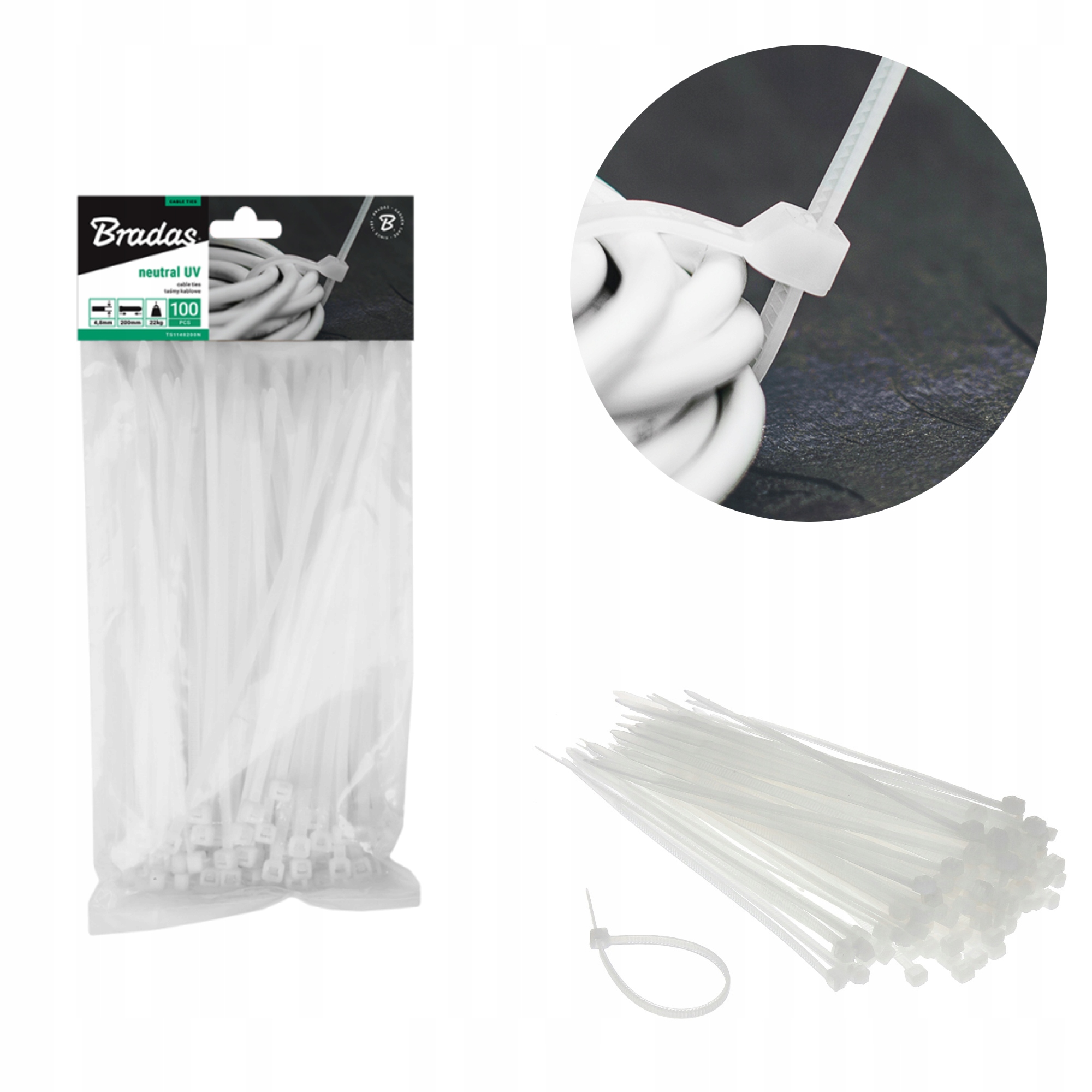 Zestaw 100 sztuk Opaski Zaciskowe Białe 3,6 x 250mm Neutral 25cm Mocne