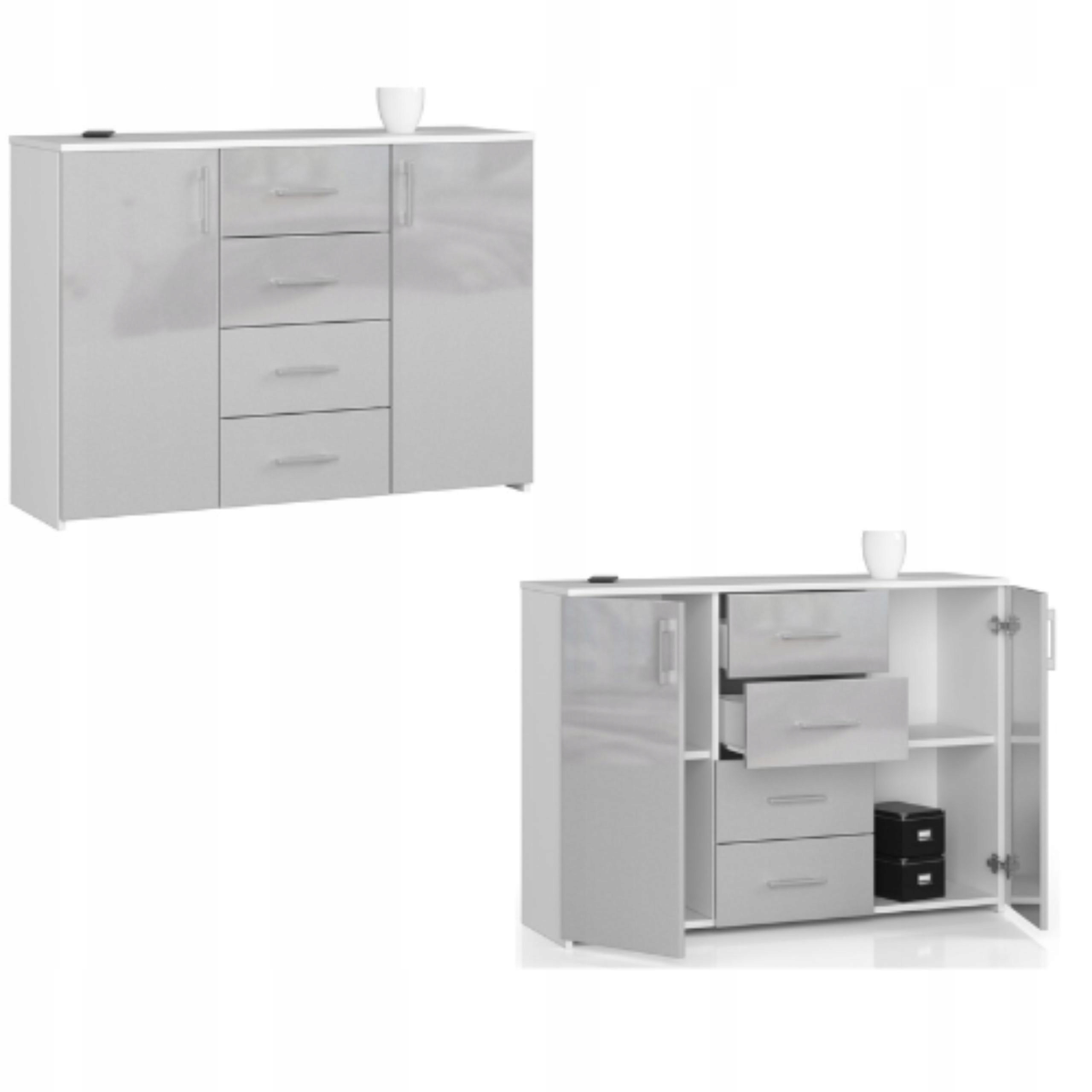 Komoda, skrinka K45 110 cm, 4 zásuvky, biela/metalická lesklá Akd