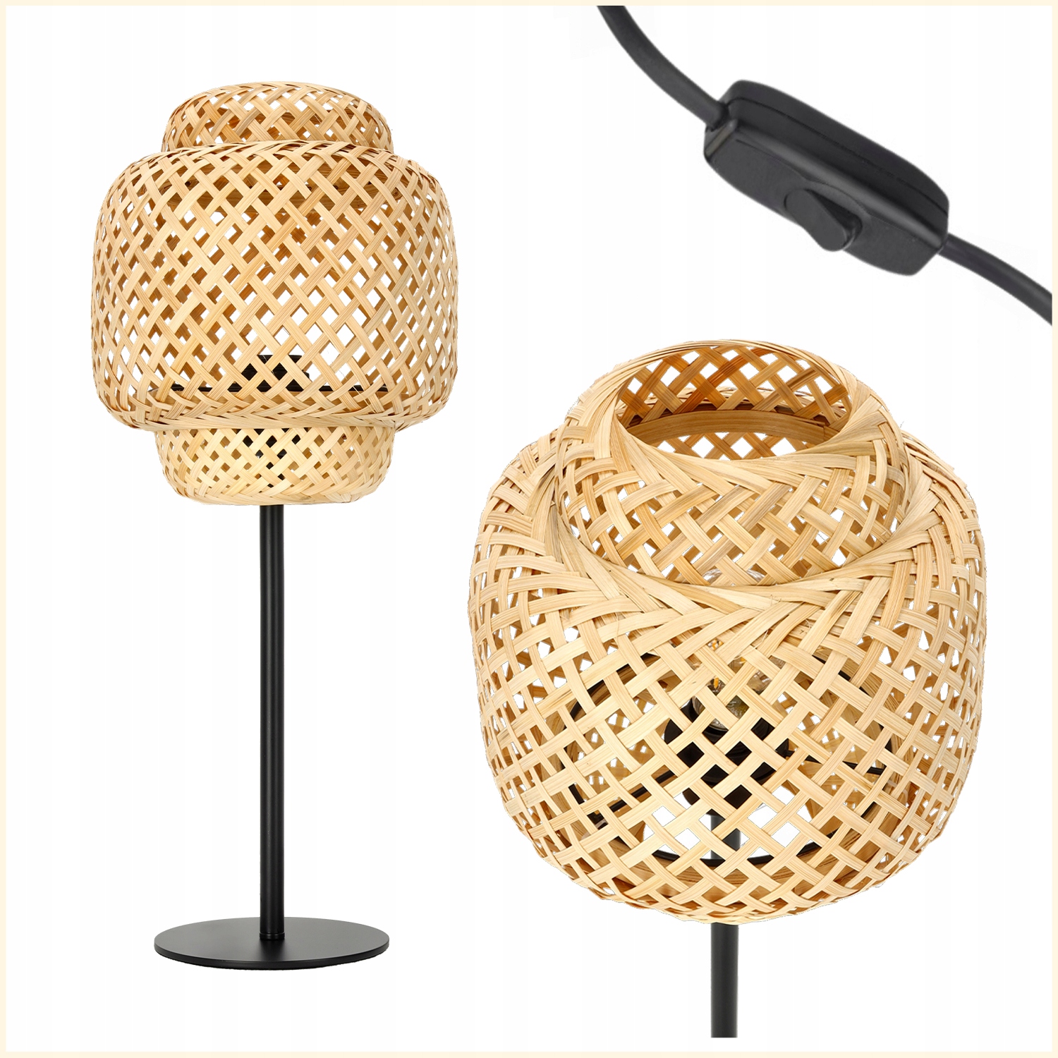 Stolová lampa s bambusovým tienidlom, čierna konštrukcia, 22 cm, E27