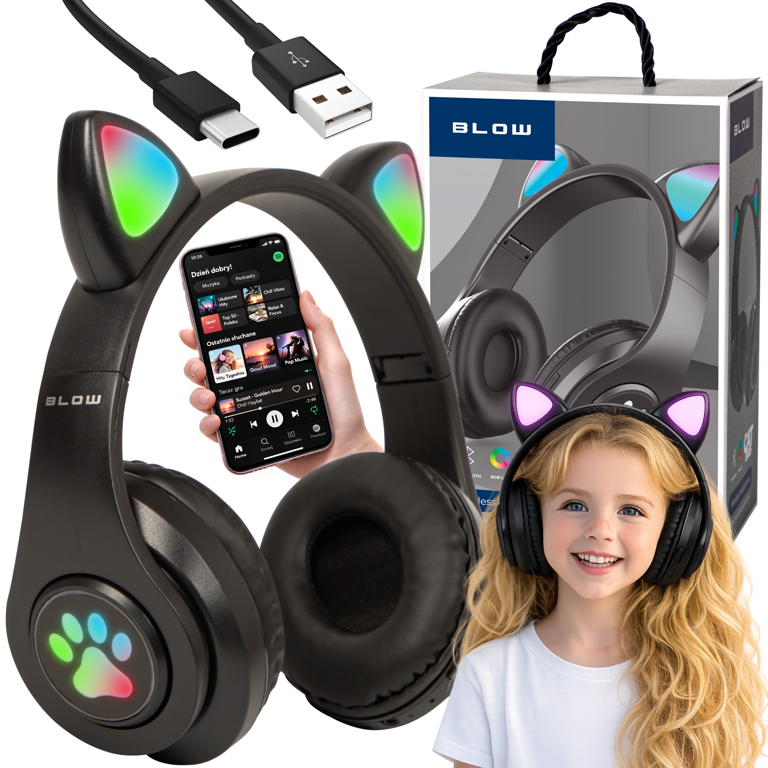 Słuchawki Bezprzewodowe Dla Dzieci Bluetooth Mikrofon Kocie Uszy Led Rgb