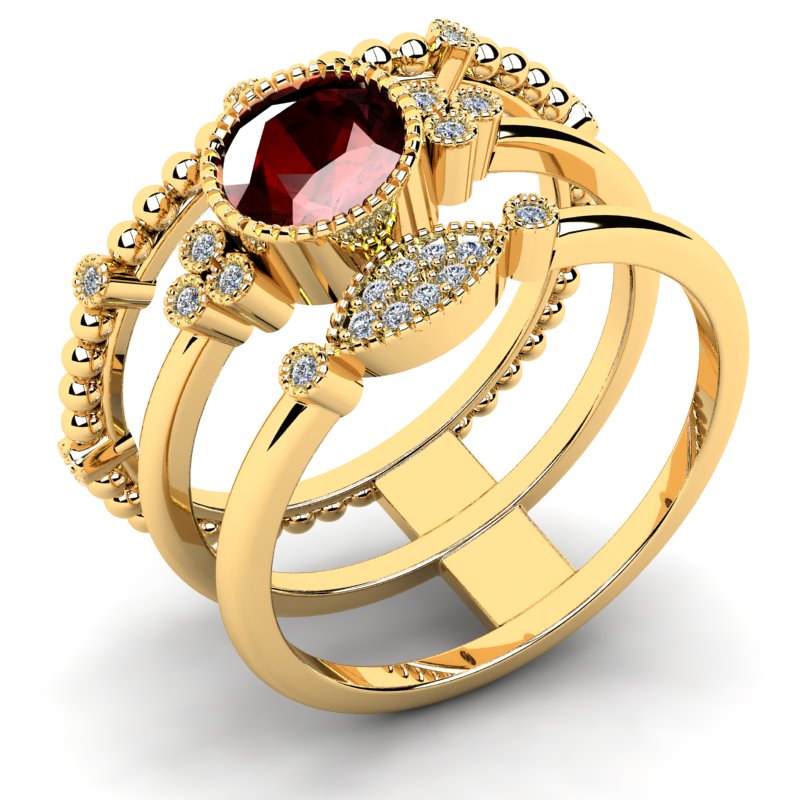 

Pierścionek Złoty Trzyrzędowy Z Bordową Cyrkonią