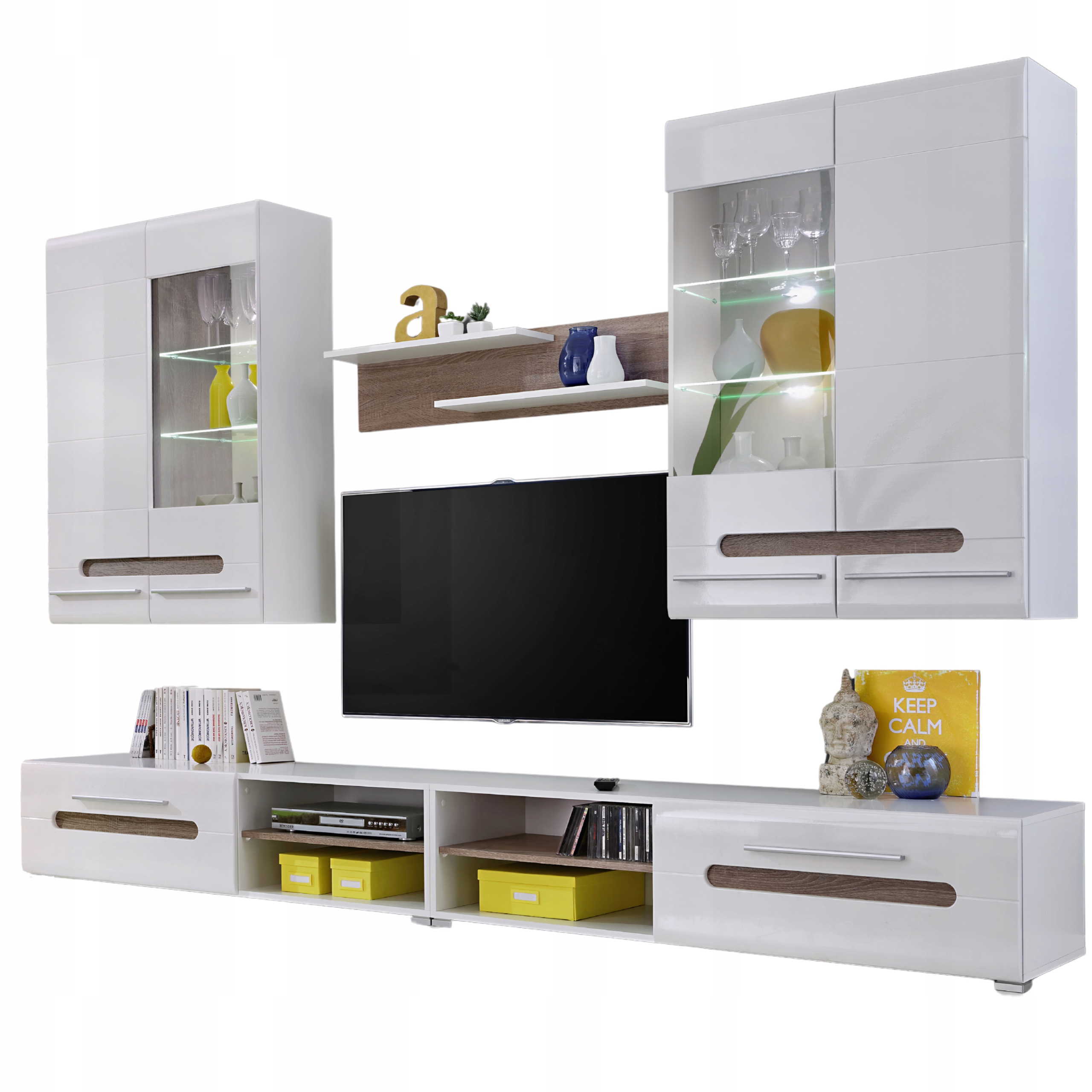 Obývacia Stena Owal biely- hľuzovka- biely lesk Rtv skrinka komoda regál