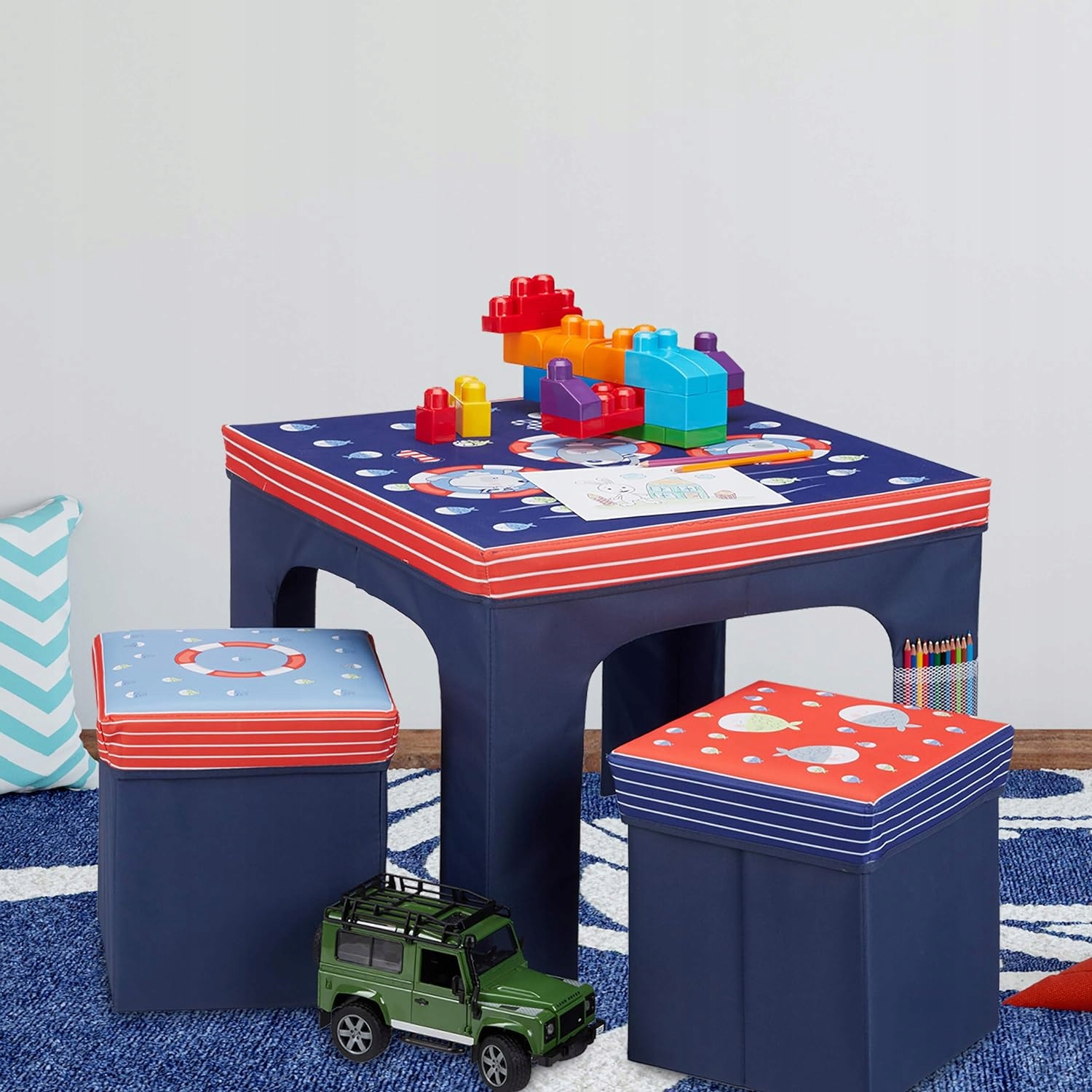 Stolik i 2 krzesła pufy pojemniki do przechowywania dla dzieci składane Marka Relaxdays
