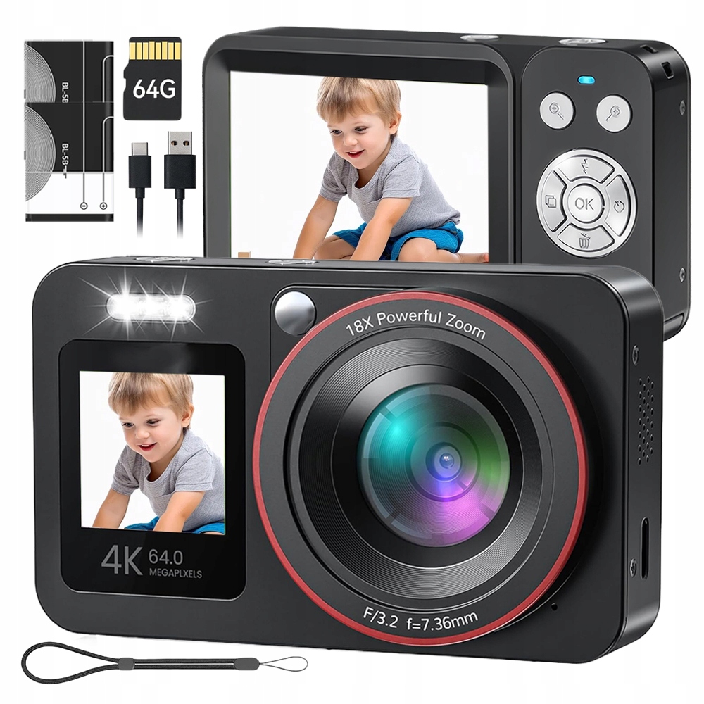 Digitální Fotoaparát 4K 64MP S Funkcí Selfiho A Zoomem 18x 64GB Karta