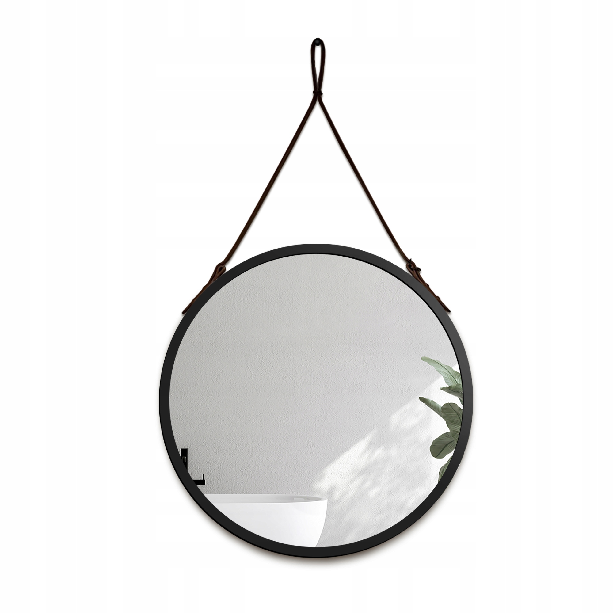 Zrcadlo kulaté Otto v černém Mdf rámu s černým koženým páskem Fi 120