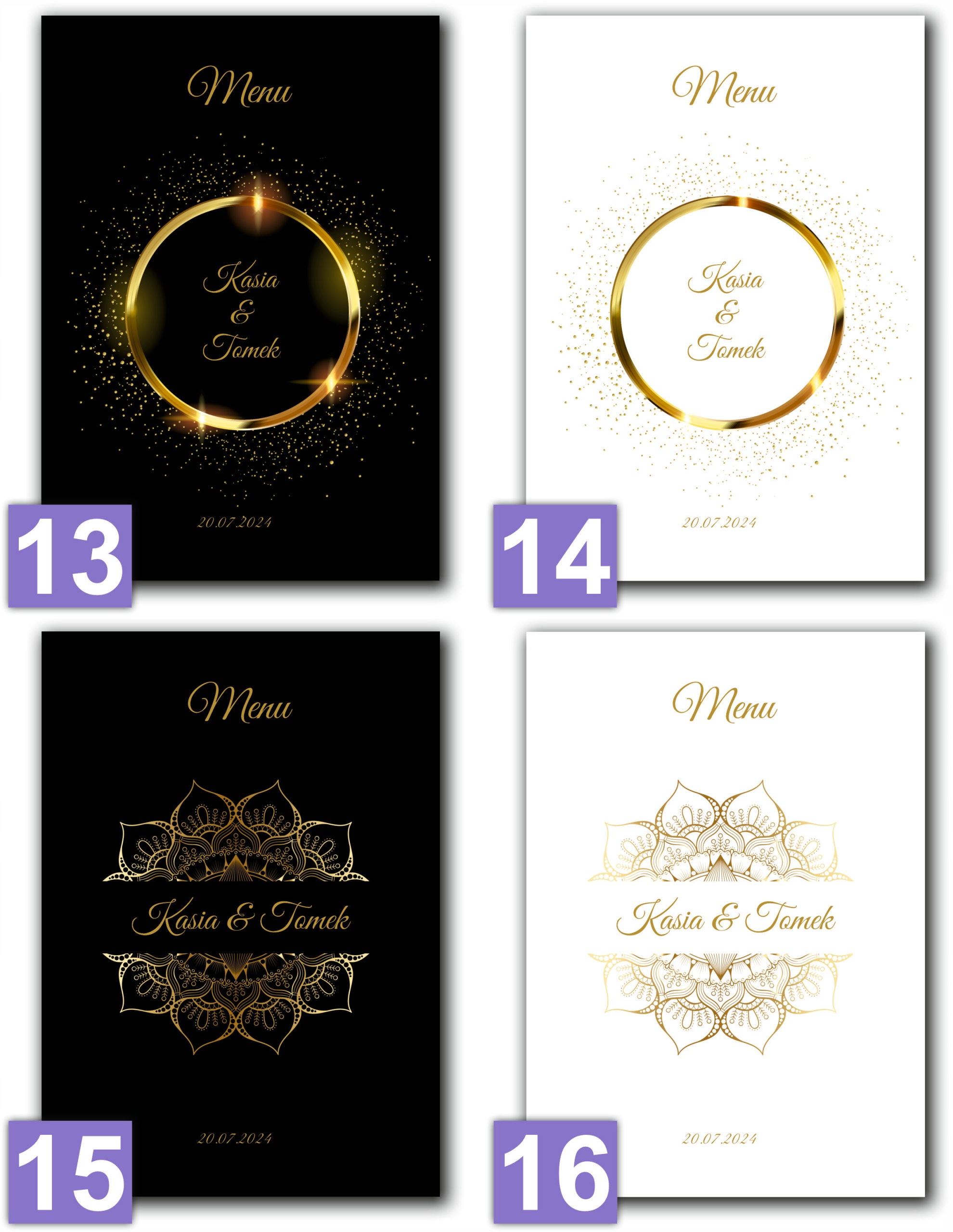 Menu weselne na ślub karta dań posiłków złote motywy Kształt prostokątny