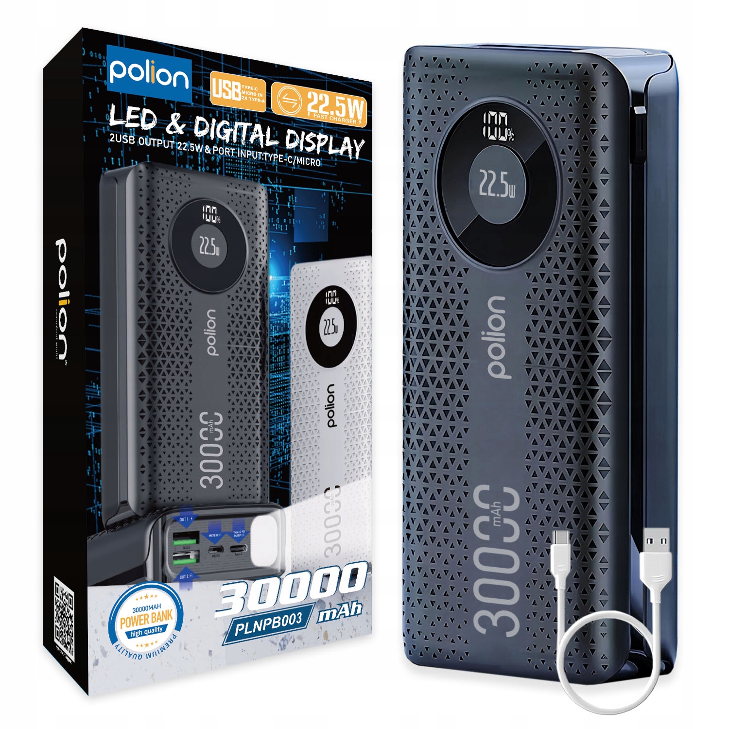 Powerbank Polion Rychlé Nabíjení 22.5W 30000mAh Usb-c Usb-a PD3.0 QC3.0