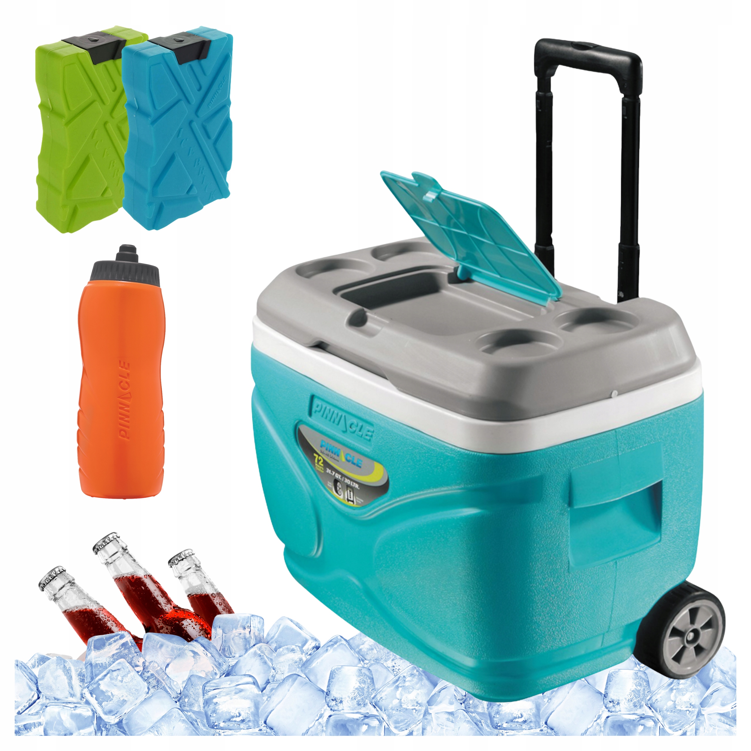 Turistická lednička s kolečky Pinnacle 30 l modrá 2 náplně 330 ml lahev na pití 1 l