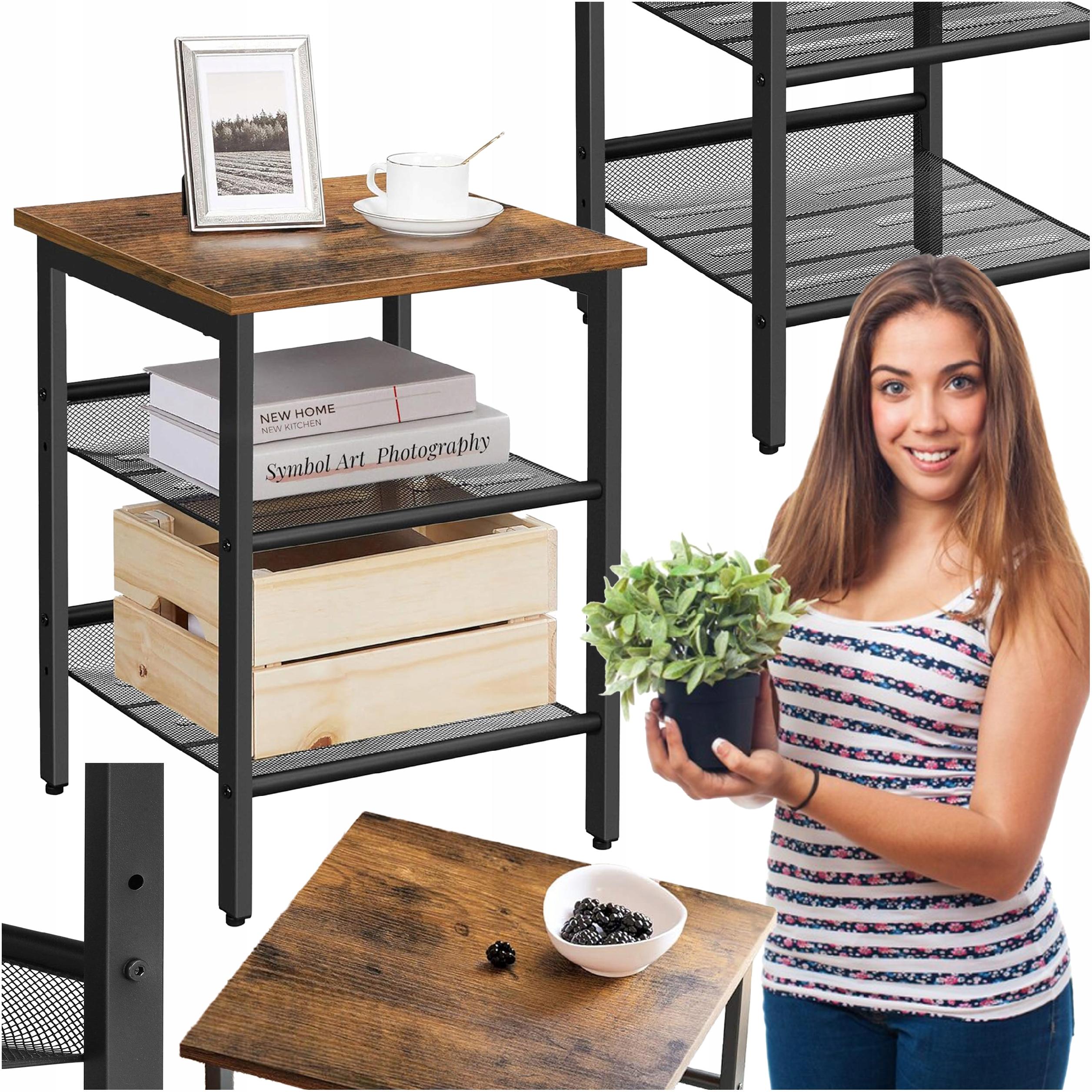 Noční stolek se 3 Nastavitelnými Policemi Kávový stolek pro notebook čtvercový