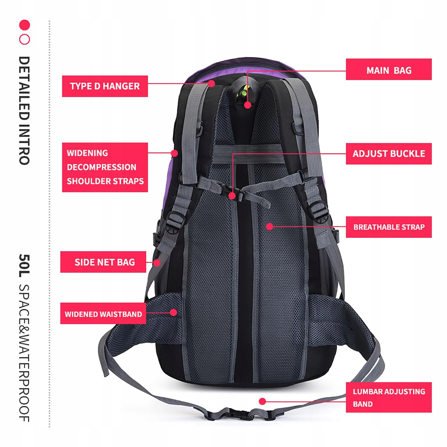 BSEASH 50L Waterproof Hiking Backpack for Climbing Camping Travel Wersja 3 — miniatura 6