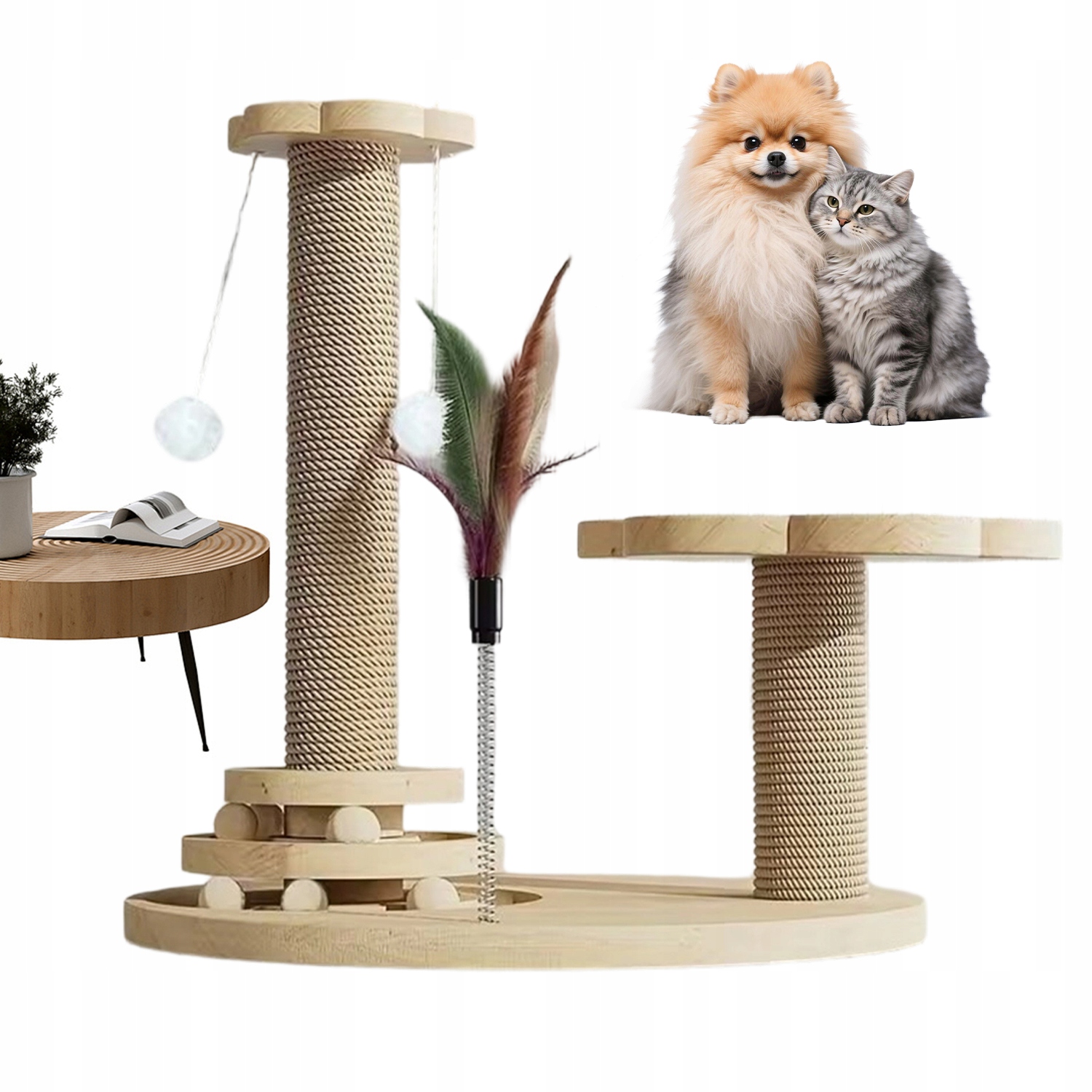 Levně Dřevěné Škrabadlo Pro Kočky S Plošinami A Peříčky A Míčky