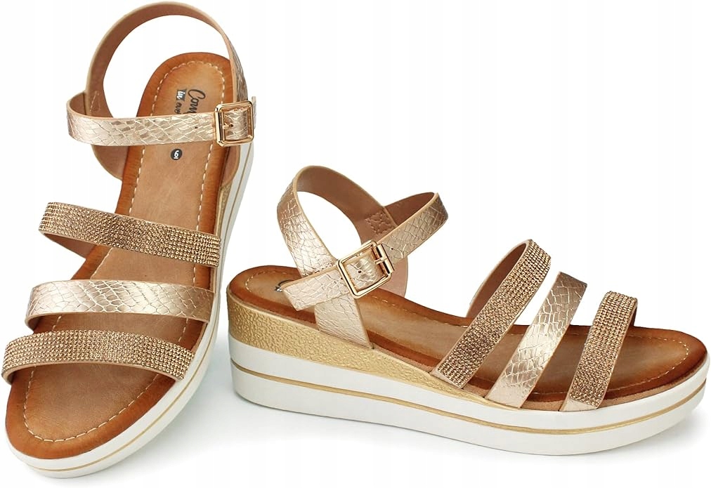 SANDAŁY DAMSKIE NA KOTURNIE LETNIE ZŁOTE ZAPINANE PLATFORMA 36