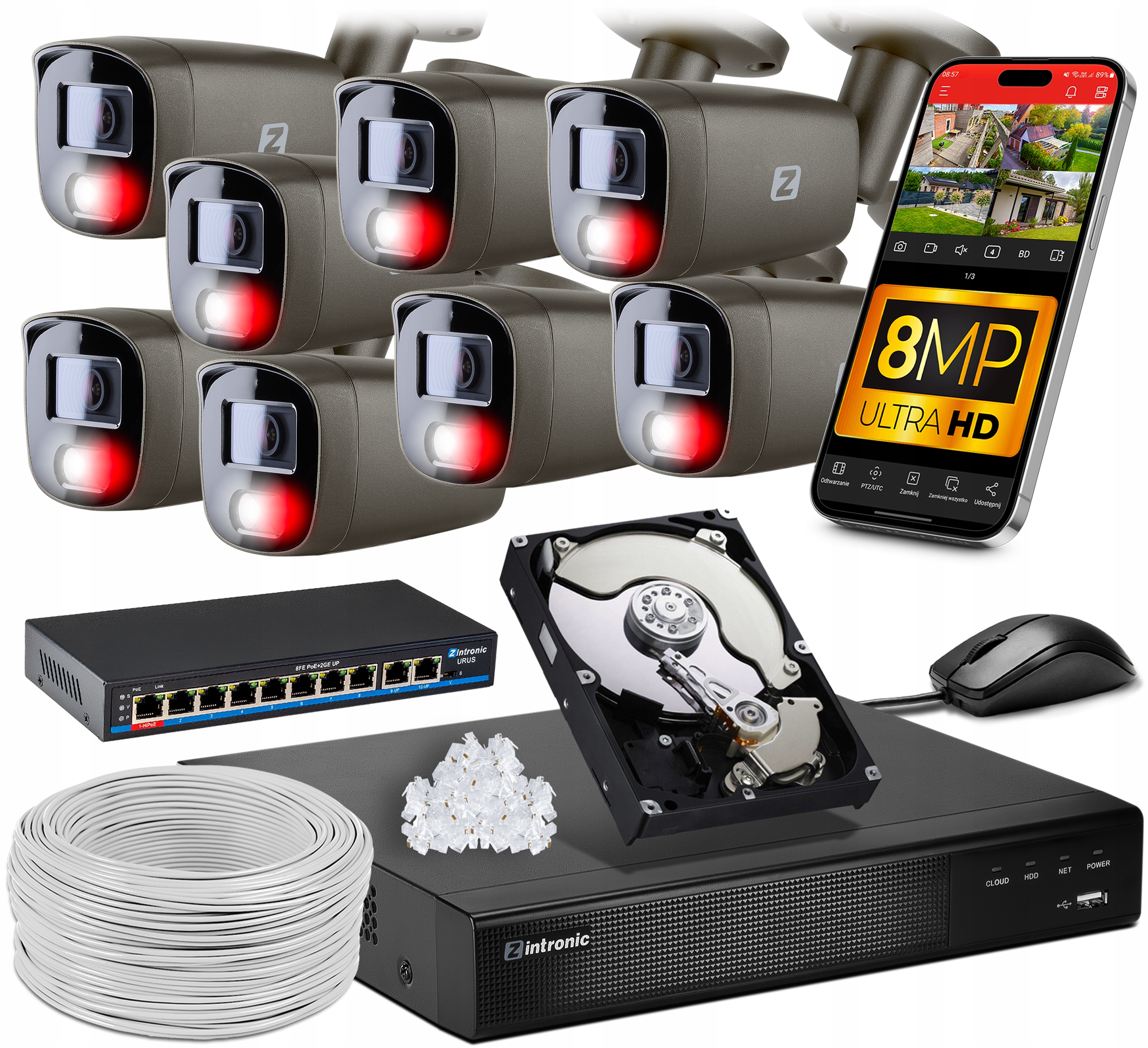 Sada Monitorování 8 kamer Poe 4K Ultra Hd 8Mpx Šedá Detekce aut Switch