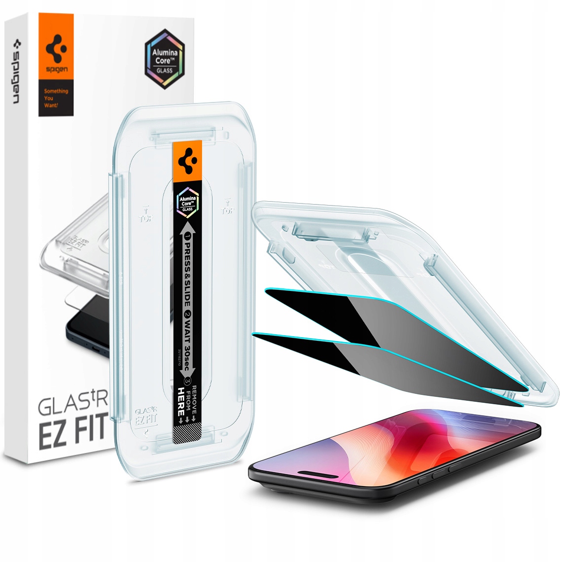 s privátním filtrem Sklo pro iPhone Air, Spigen Ez Fit Privacy Ac 2P aplikátor