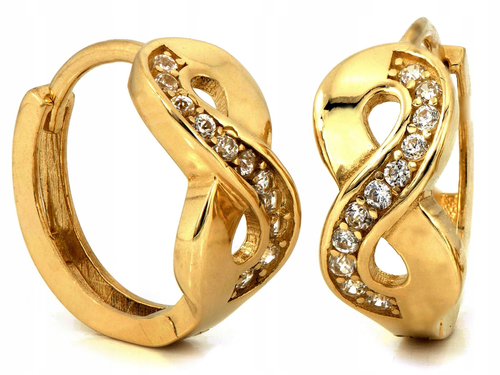 Zlaté náušnice 585 anglické zapínání s motivem nekonečna a zirkony