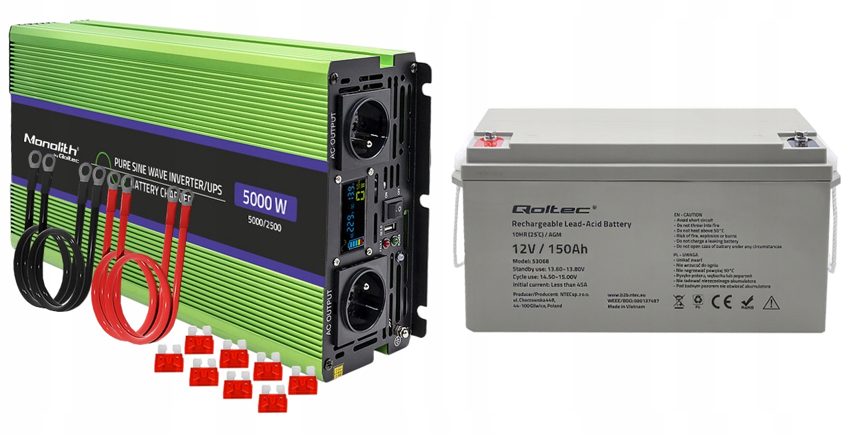 PRZETWORNICA NAPIĘCIA QOLTEC 12V-230V Z FUNKCJĄ UPS 2500/5000W SINUS 150AH