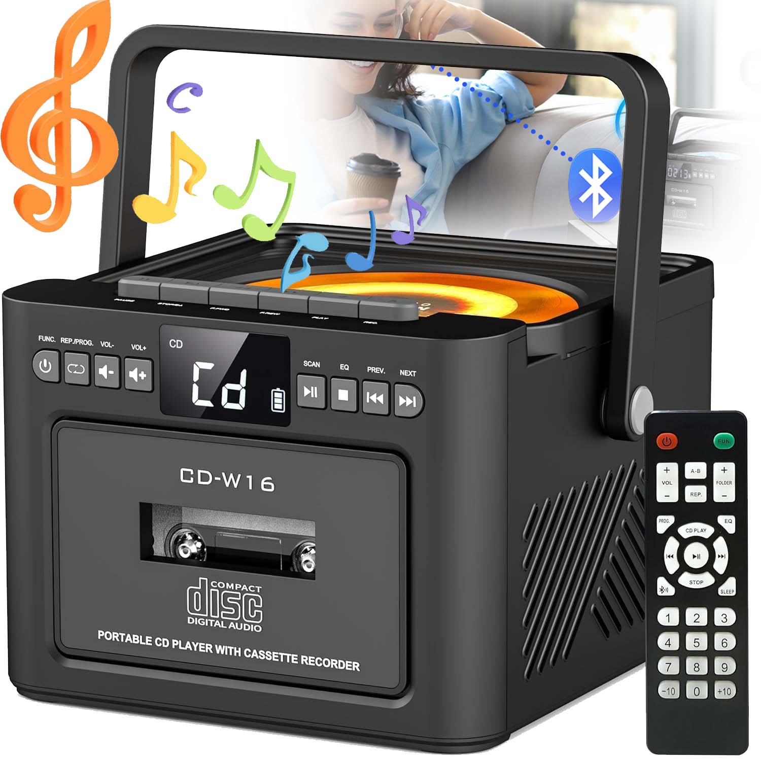 Přenosný Kazetový Přehrávač CD MP3 Bluetooth Reproduktor Aux Rádio Fm S Dálkovým Ovládáním