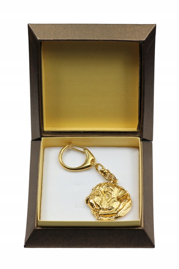 Mops, Pug pozlacený přívěsek na klíče se psem v dárkové krabičce, přívěsek