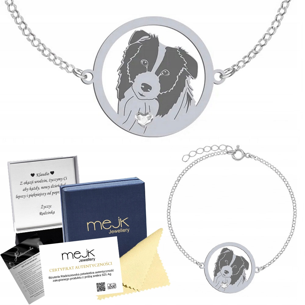 Stříbrný náramek Border Collie 925 Řetízek Dárek Gravírování Bonus