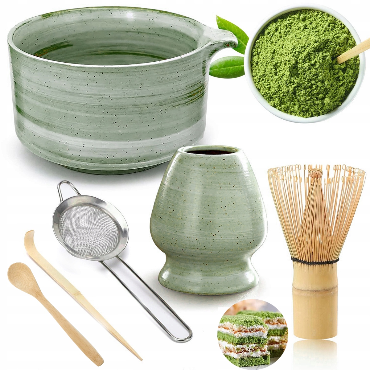 Levně Sada čajů Matcha s bambusovou metličkou, ruční výroba, 6 ks