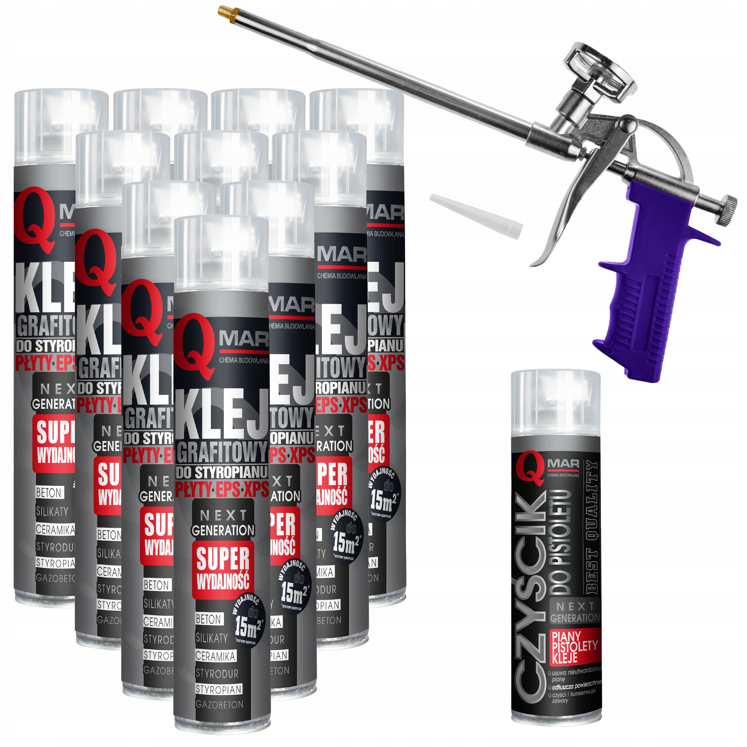 Lepidlo na grafitový polystyren 790 ml 10 Ks čistič a pistole kovová Qmar