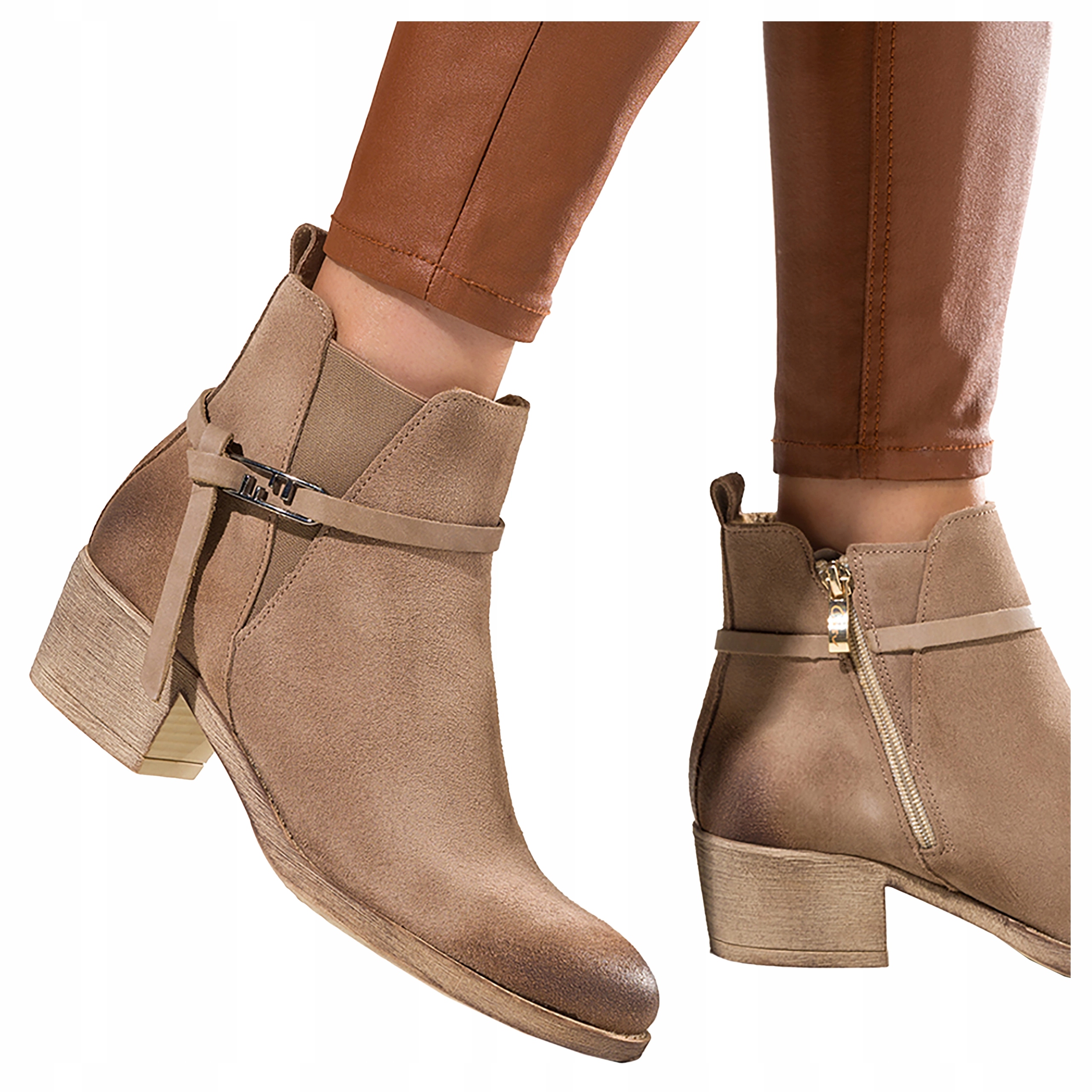 Kotníkové Boty Kožené Béžové Dámské Pohodlné Nízký Podpatek Pásek S přezkou Modne vel. 38