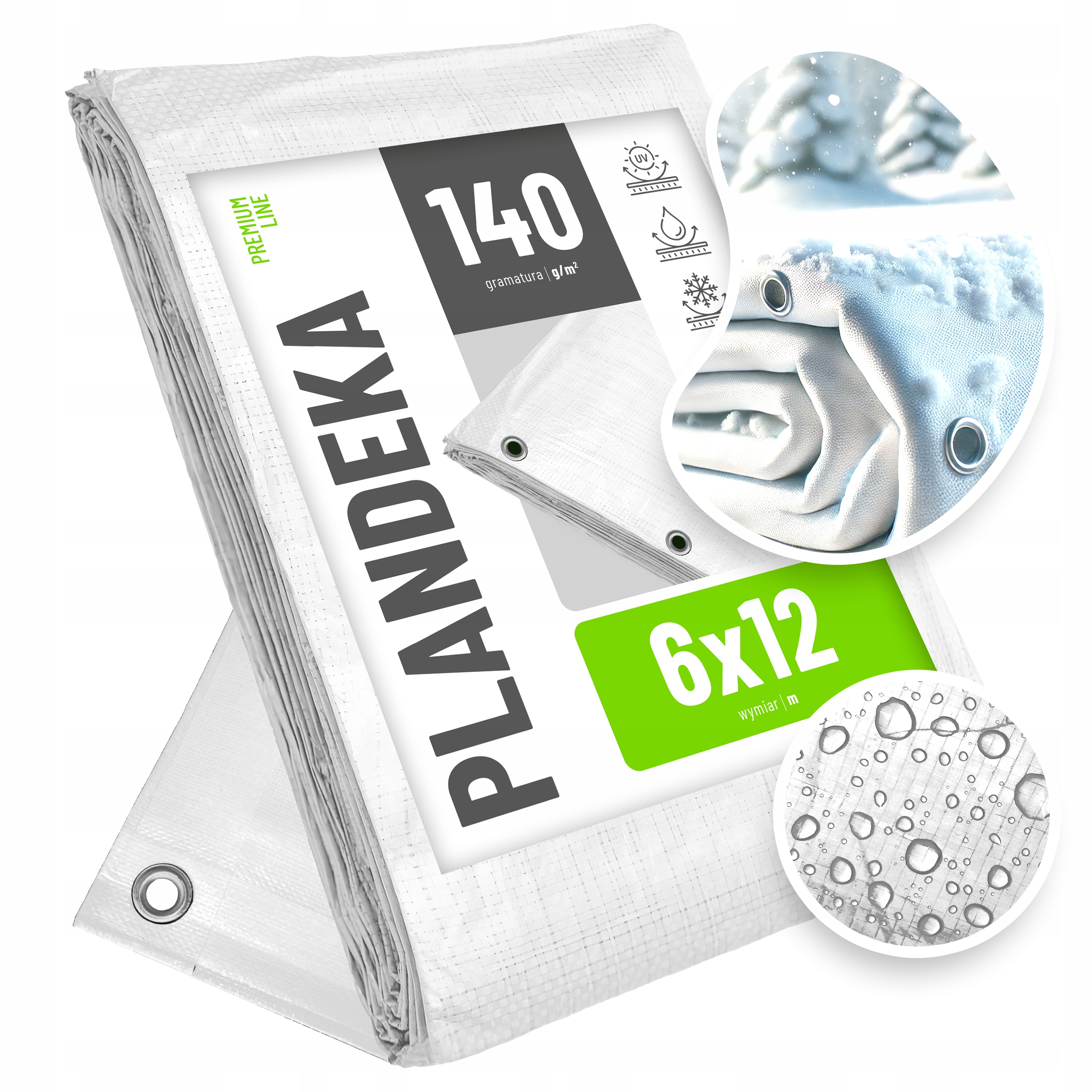Plandeka Gruba Mocna Wodoodporna 6x12 Biała Okrycie Mrozoodporna Uv+ 140g