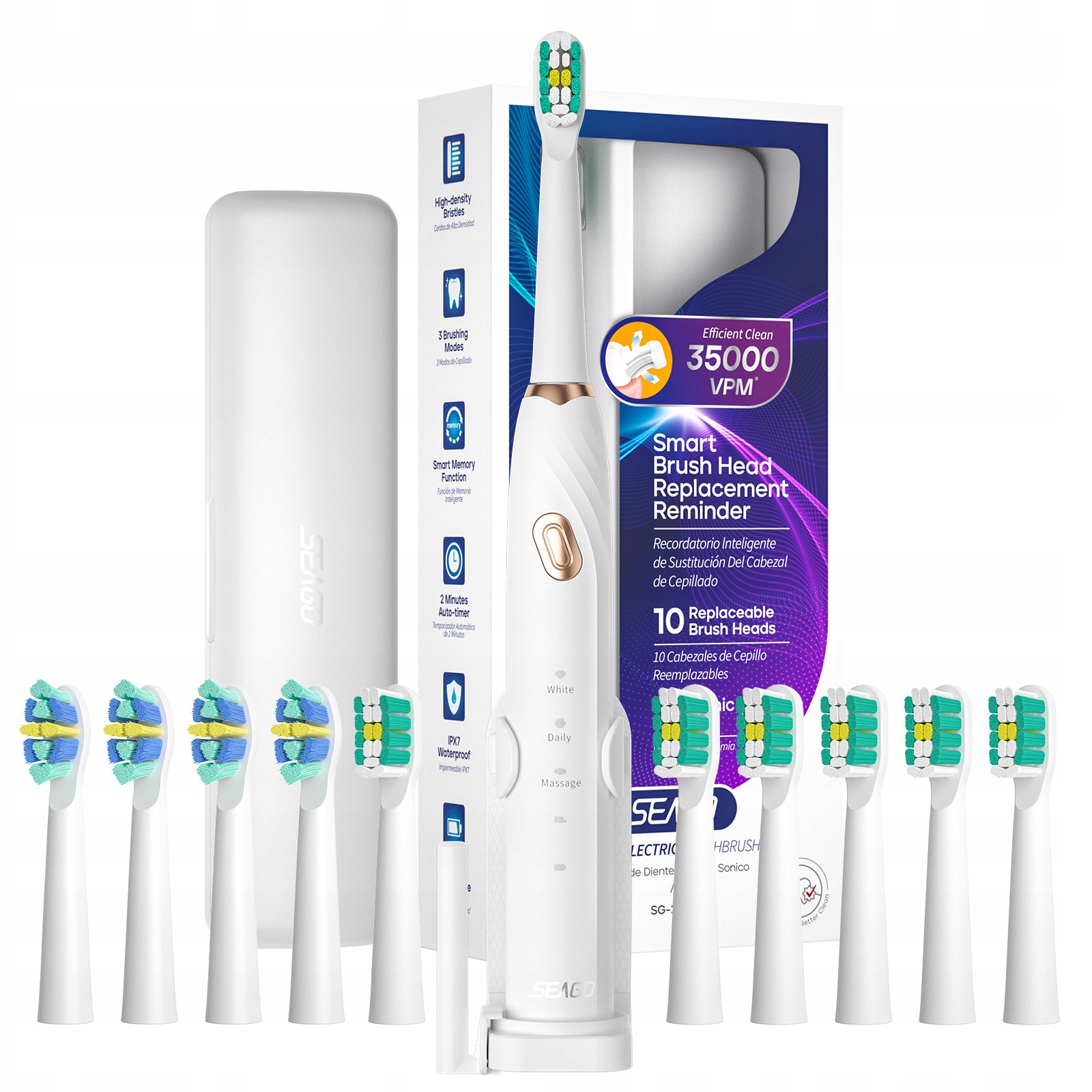 Soniczna szczoteczka do zębów Seago z 10 końcówkami i etui podróżnym -Biała