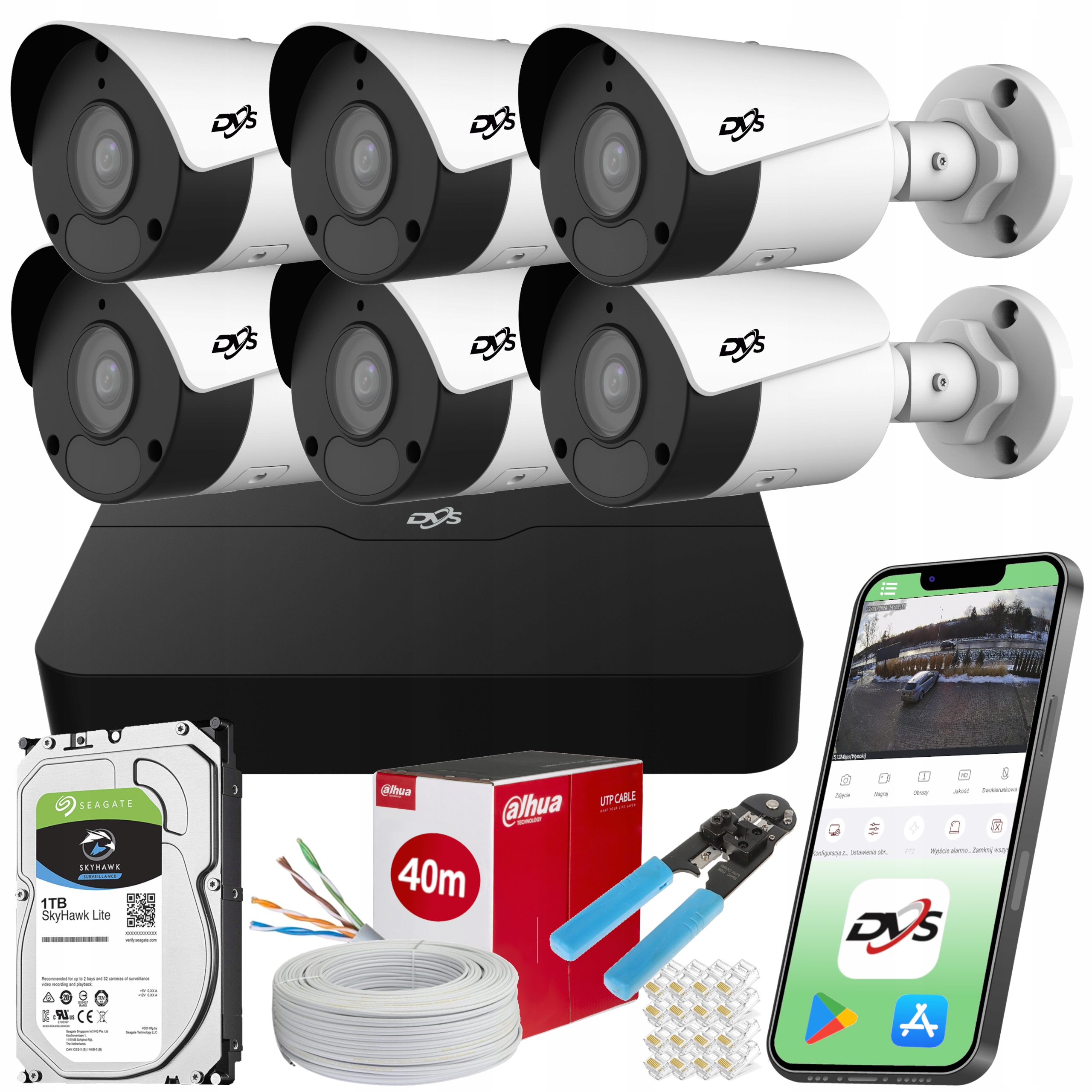 ZESTAW DO MONITORINGU DOMU 6x KAMERA ZEWNĘTRZNA IP POE FULL HD DYSK 1TB DVS