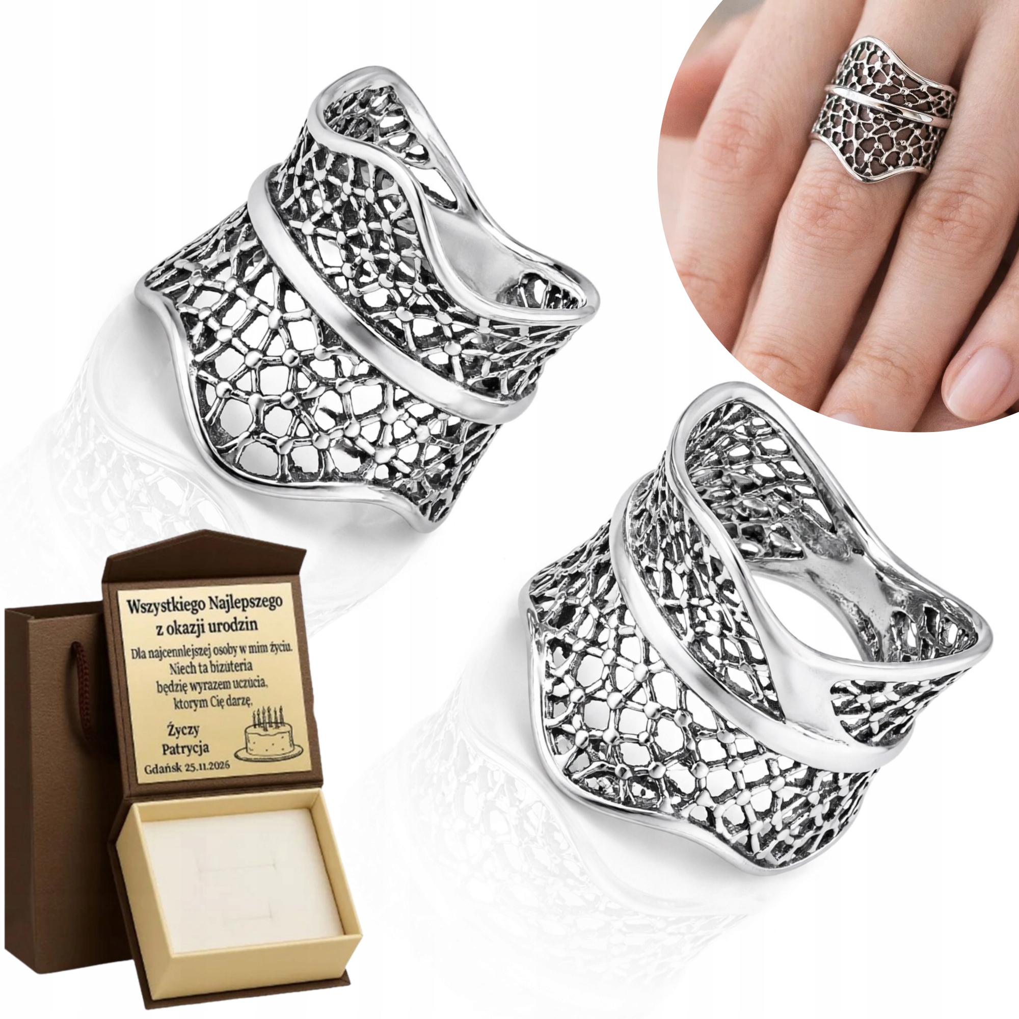 Stříbrný Prstýnek Široký Retro Oxidovaný 925 vel 10 Gravírování