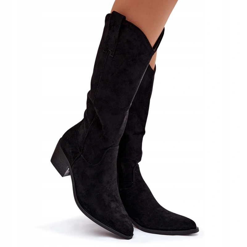 Kozačky Kovbojské Boty Eko Semiš Zkosený Podpatek Zasouvací Na Zip Černé 40