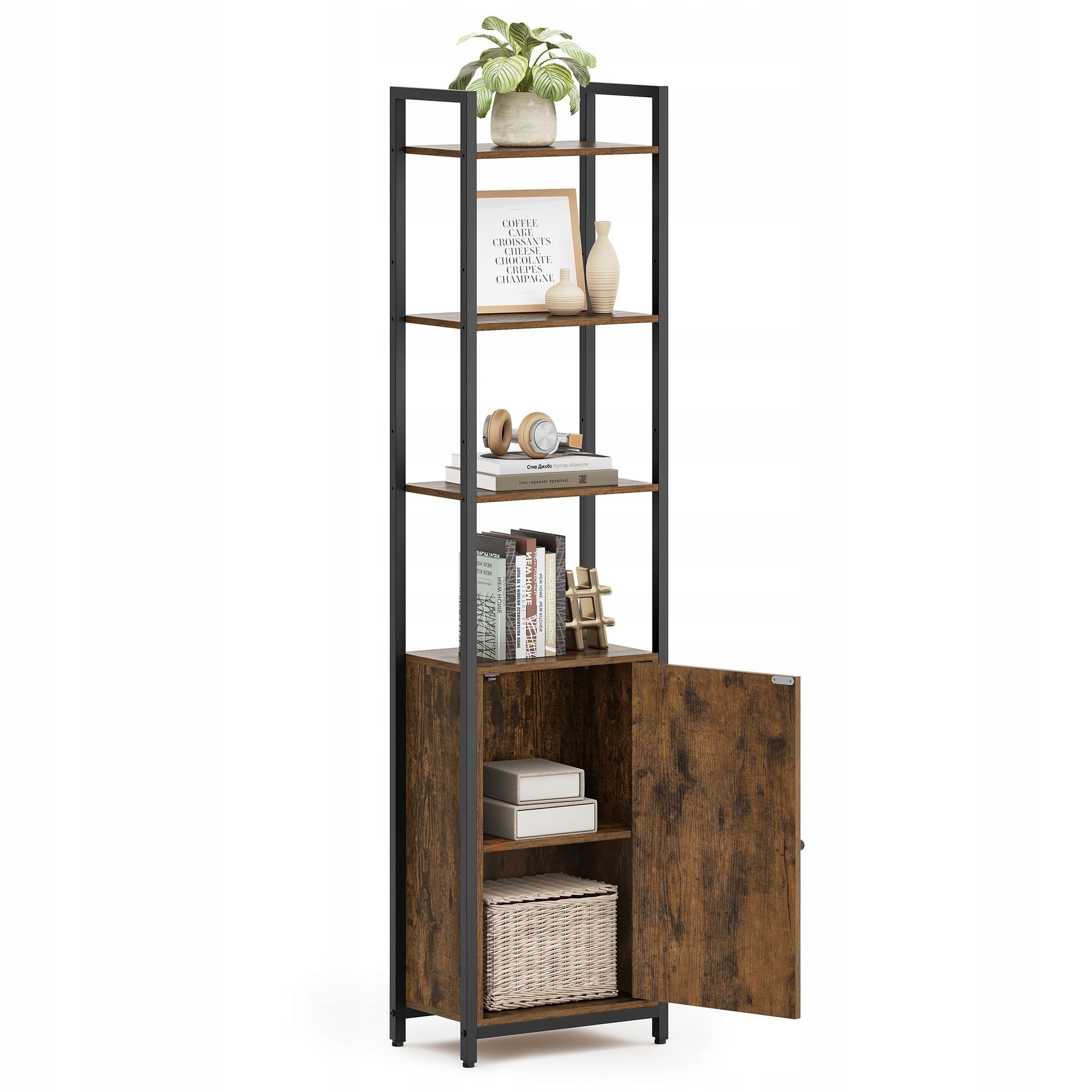 Úzky, pevný regál na knihy, 6 políc, spodná skrinka s plnými dverami, štýl loft