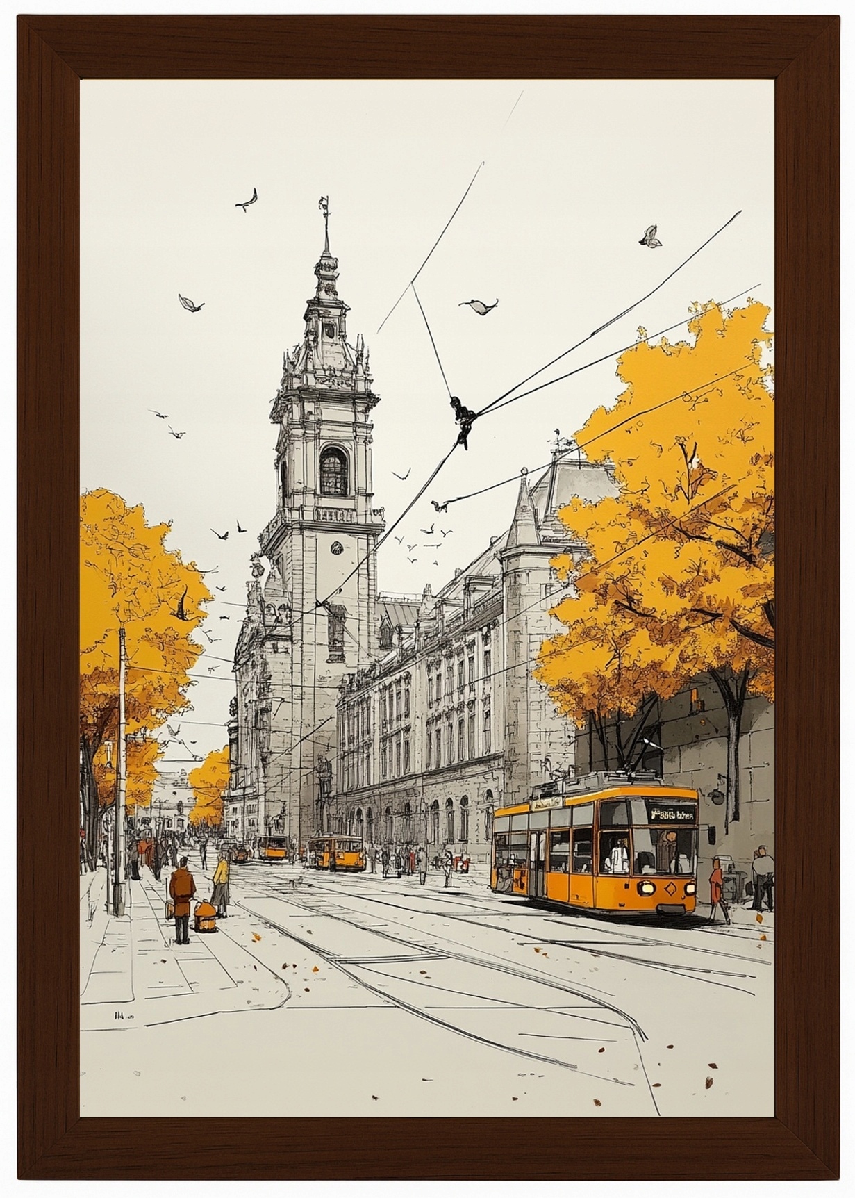 Plakát Rámeček Dřevo Kresba Ukrajina Lvů Radnice Tramvaj Podzim 40x60