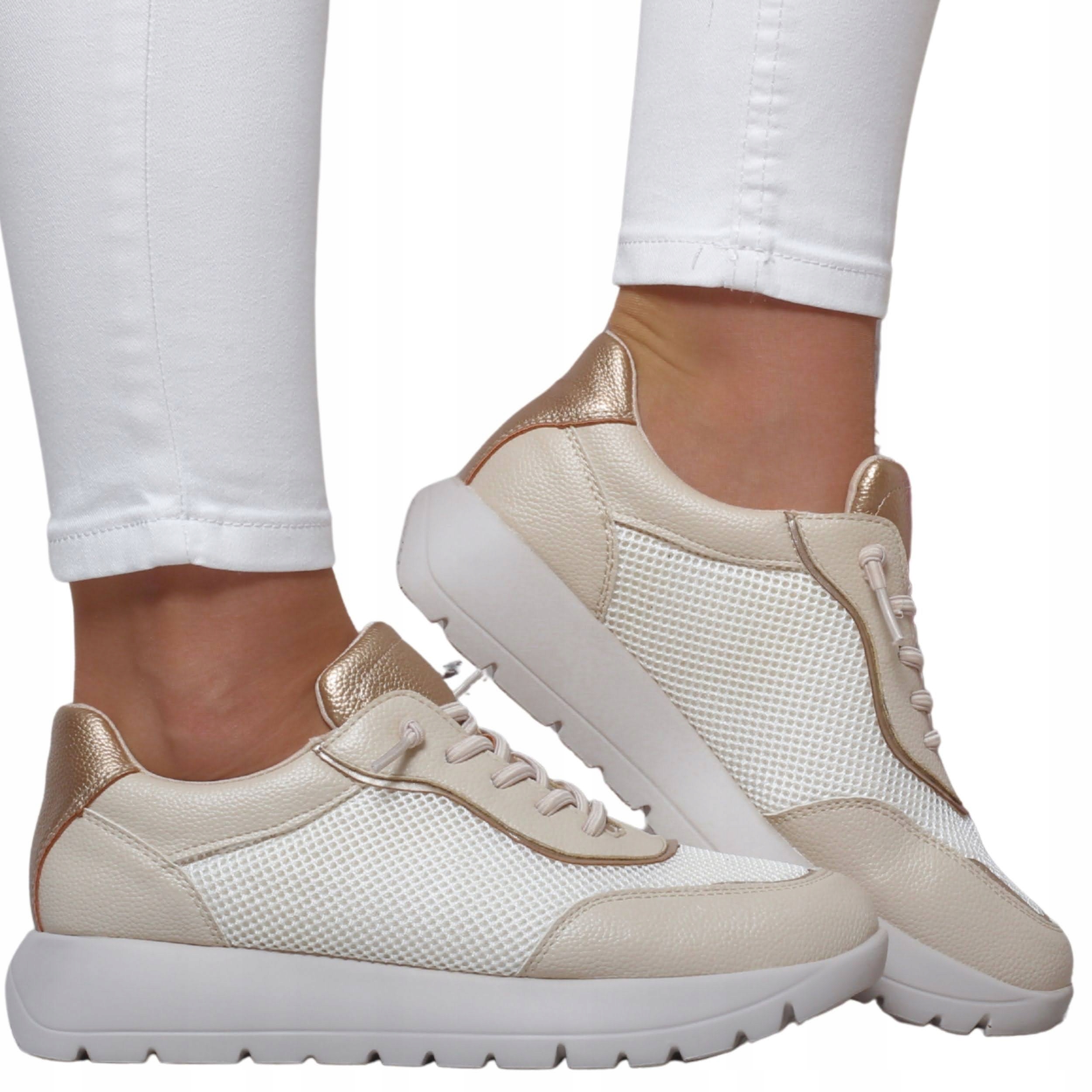 Sneakersy Damskie Beżowe Złote Lekkie Buty Sportowe Oddychające