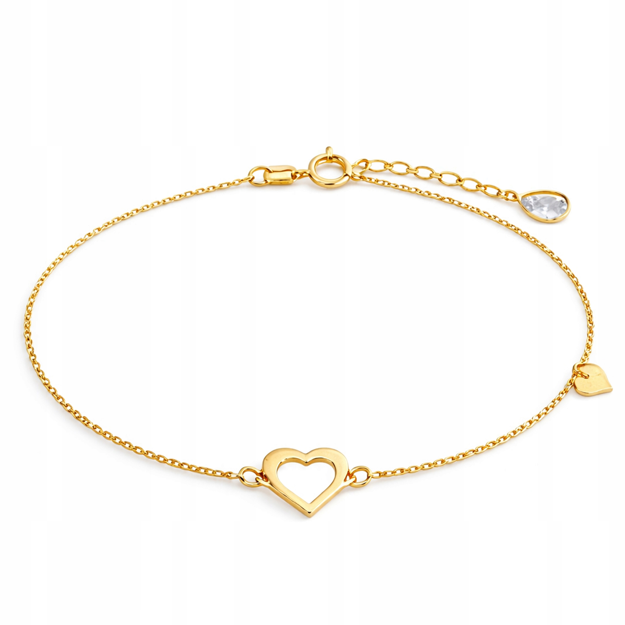 Zlatý dámský náramek 585 se srdíčky a bílou závěsnou zirkonovou slzičkou 19 Cm